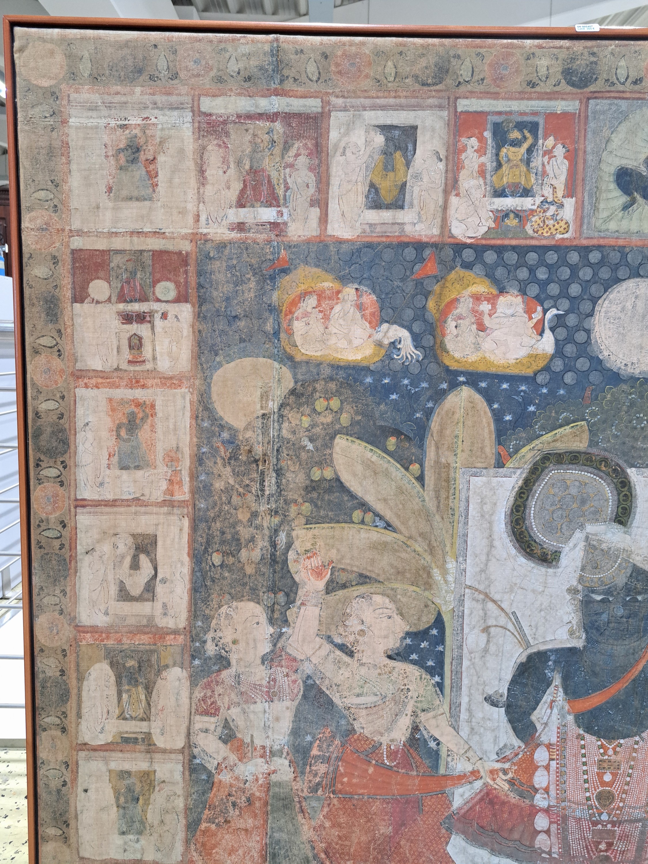 Detail b: Pichvai, Indien, wohl Rajasthan, 19.Jh., Öl/Lwd., doubliert, Darstellung der Verehrung des Sri Natji, schmaler Rahmen 134x145 cm