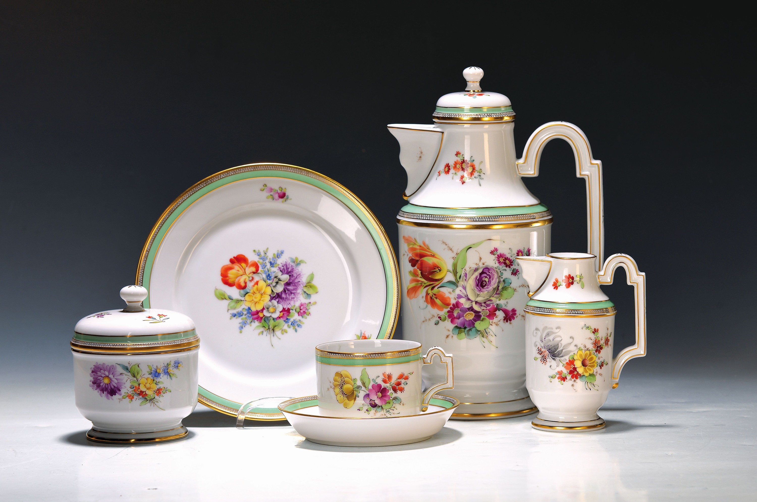 Kaffeeservice, Höchst, Dekor Schloß Mainz, signiert Ilona Bräsicke, Porzellan, Empirestil mit mintgrünen und goldenen Rändern, bunt bemalt mit ...
