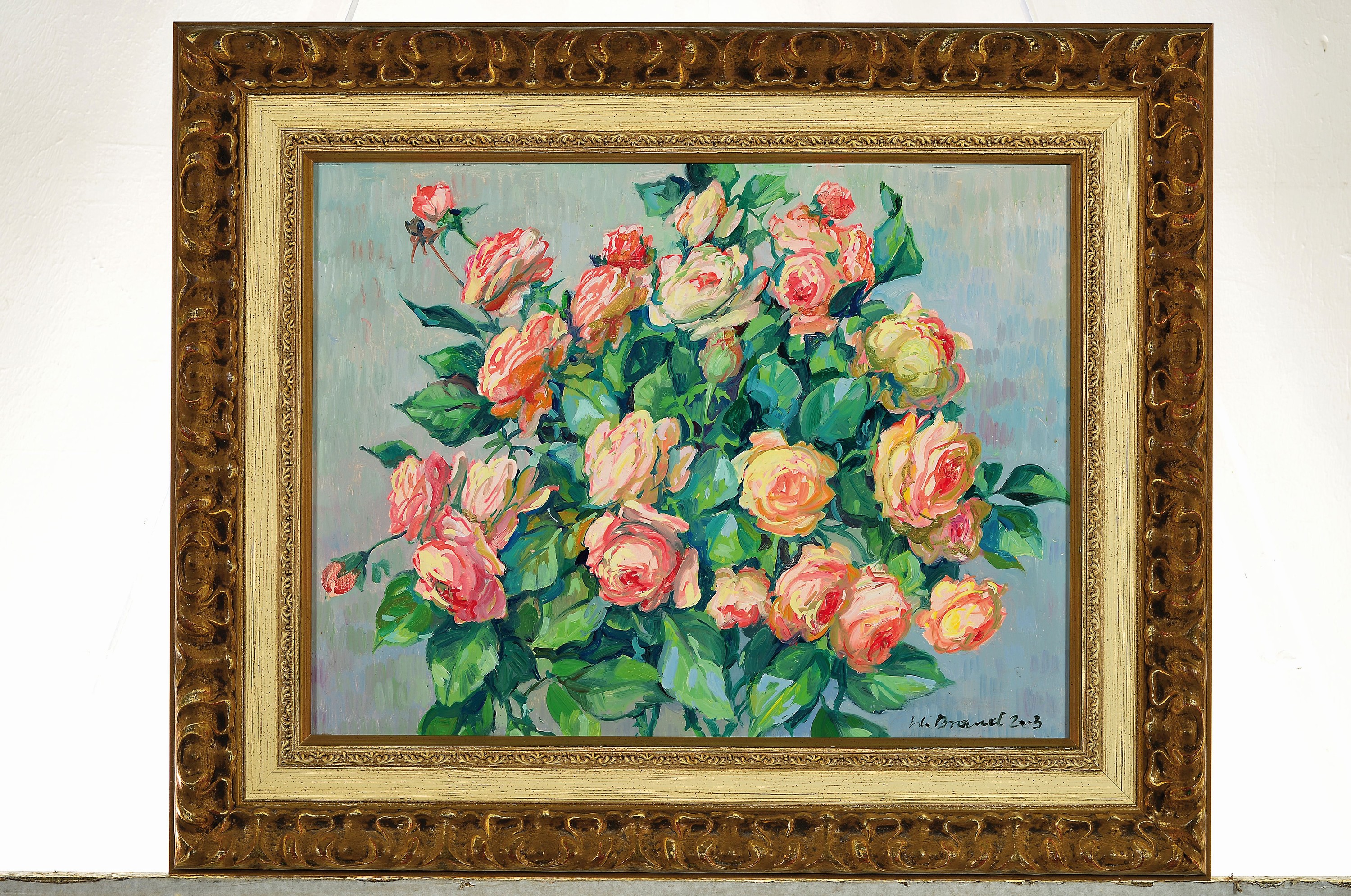Detail k: Werner Brand, 1933 Löbau-2021 Hochstadt, Rosenstillleben, 2003, Öl/Platte, rechts unten signiert und datiert, 34x43 cm, Rahmen 44x53 cm