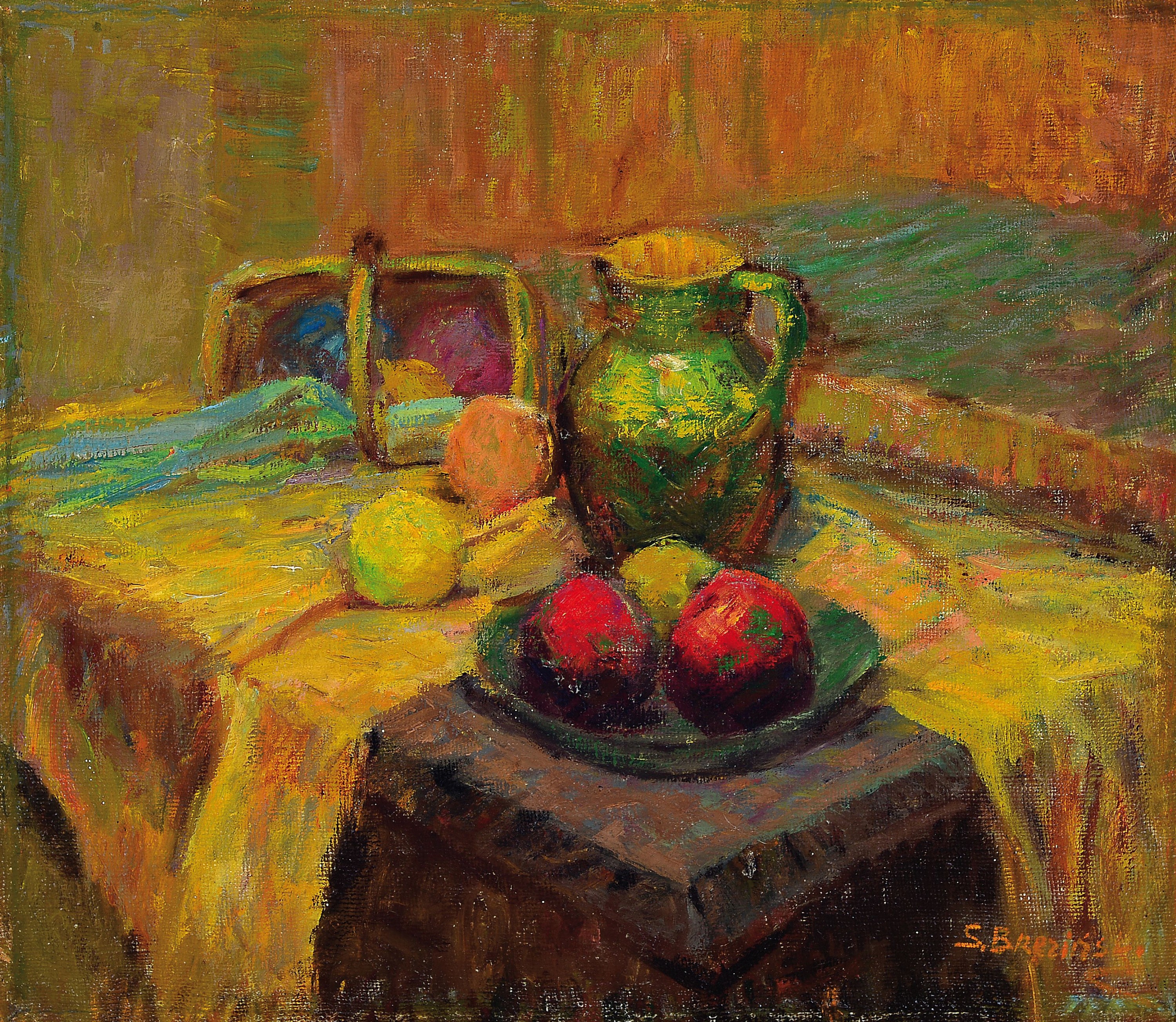 S. Brezinski, Unbekannter Künstler Anfang des 20.Jh., Stillleben im Stile Cezannes, Krug und Äpfel auf Tisch, Öl/Lwd, doubliert 58x68 cm, Rahmen ...