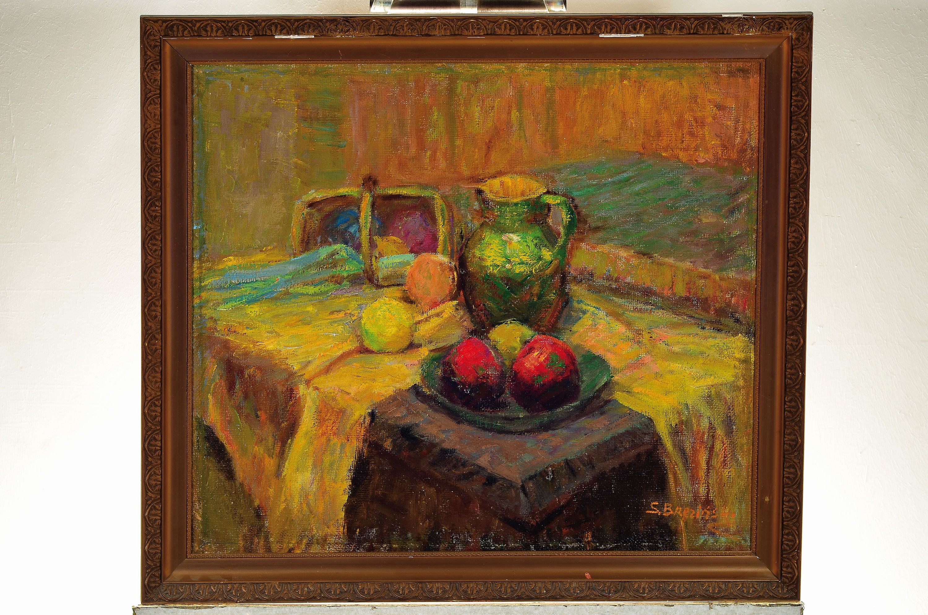 Detail k: S. Brezinski, Unbekannter Künstler Anfang des 20.Jh., Stillleben im Stile Cezannes, Krug und Äpfel auf Tisch, Öl/Lwd, doubliert 58x68 cm, Rahmen ...