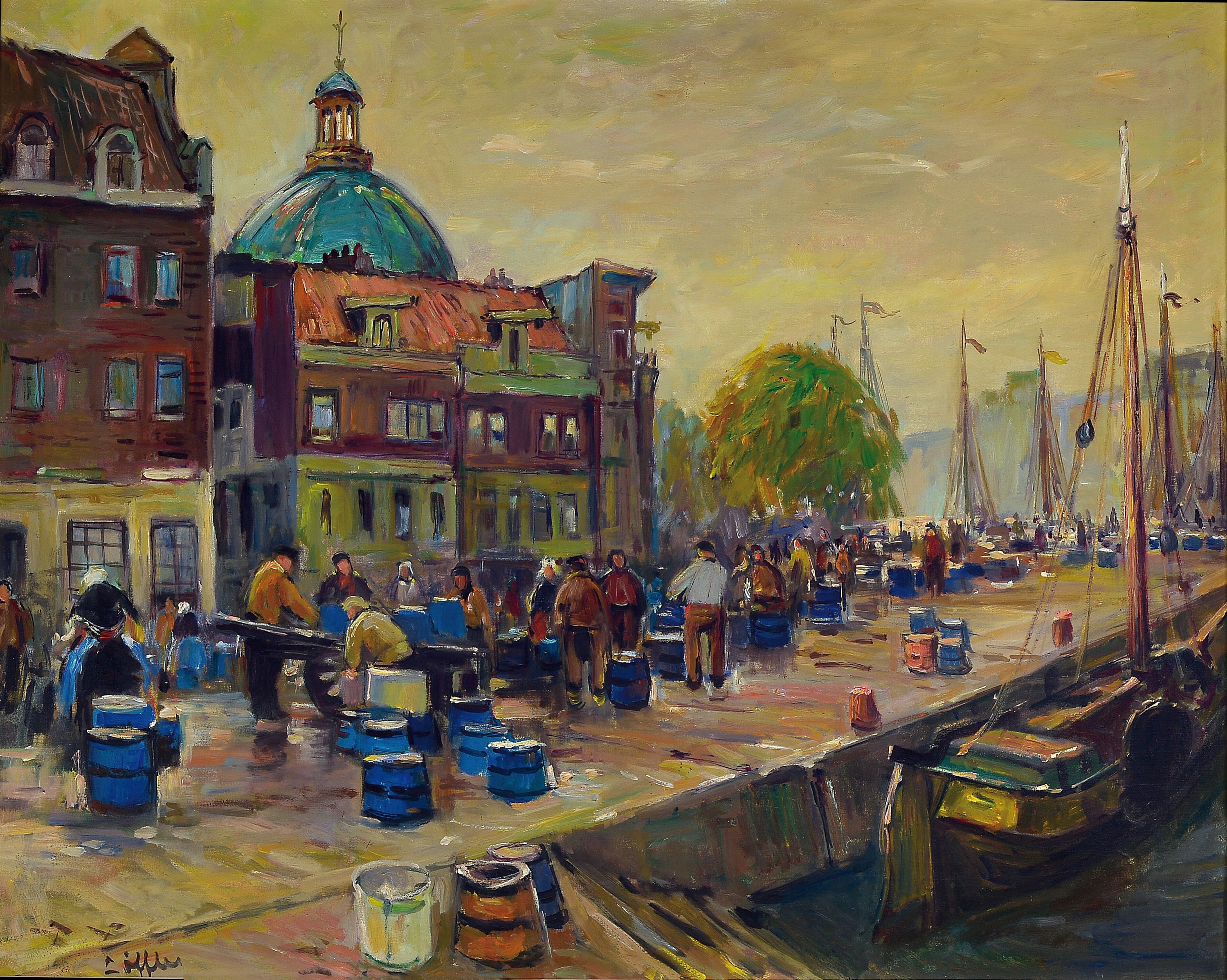 Paul Löffler, 1920 Mannheim-1995 Speyer, Ansicht des Mannheimer Hafens mit Blick auf den Kirchturm der Jesuitenkirche, hintergründig Silhouette des ...
