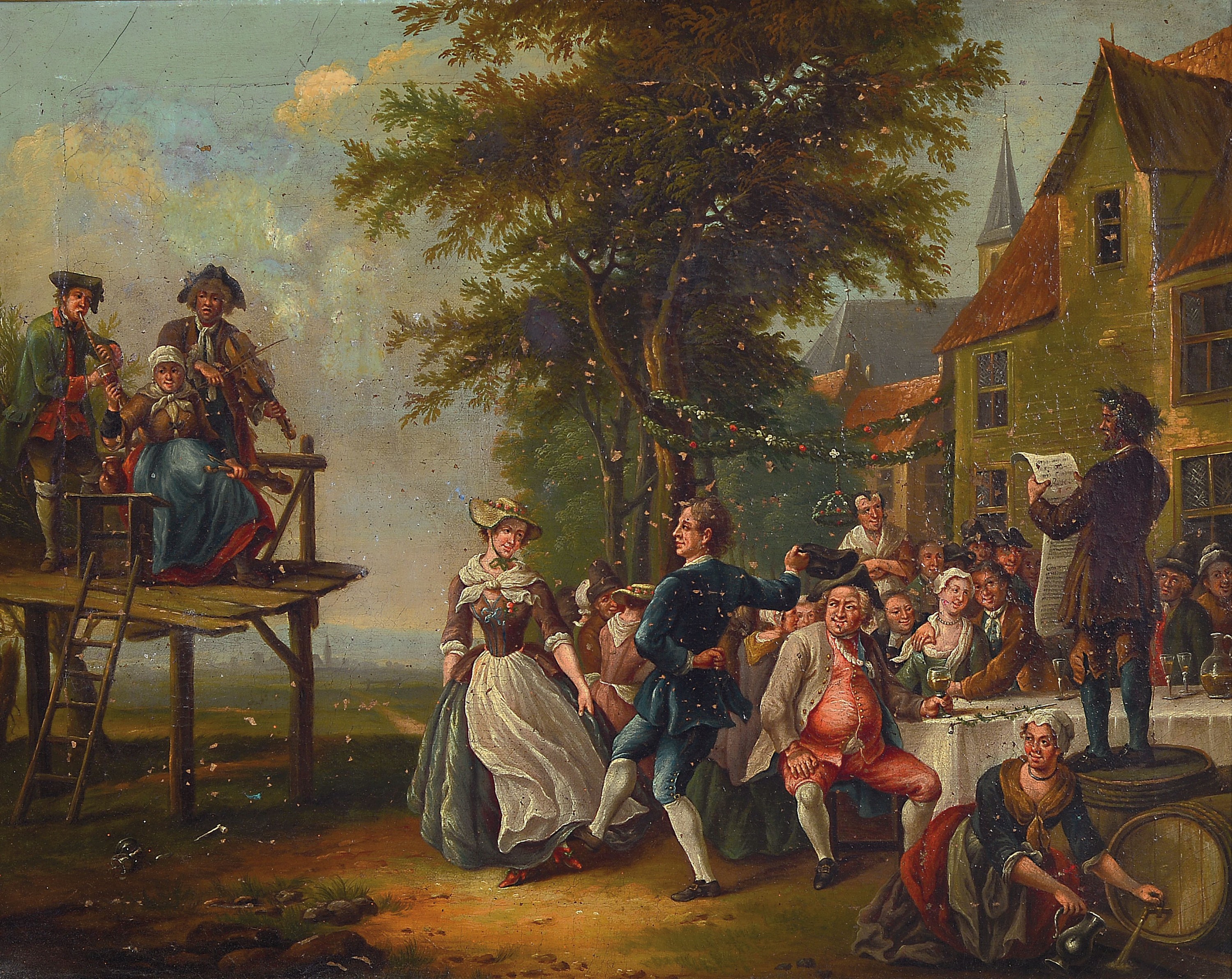 Zuschreibung: Johann Conrad Seekatz, 1719 Grünstadt/Pfalz-1768 Darmstadt, Dorfkirchweih bzw. Jahrmarktszene, Landschaft mit Redner, tanzenden, ...