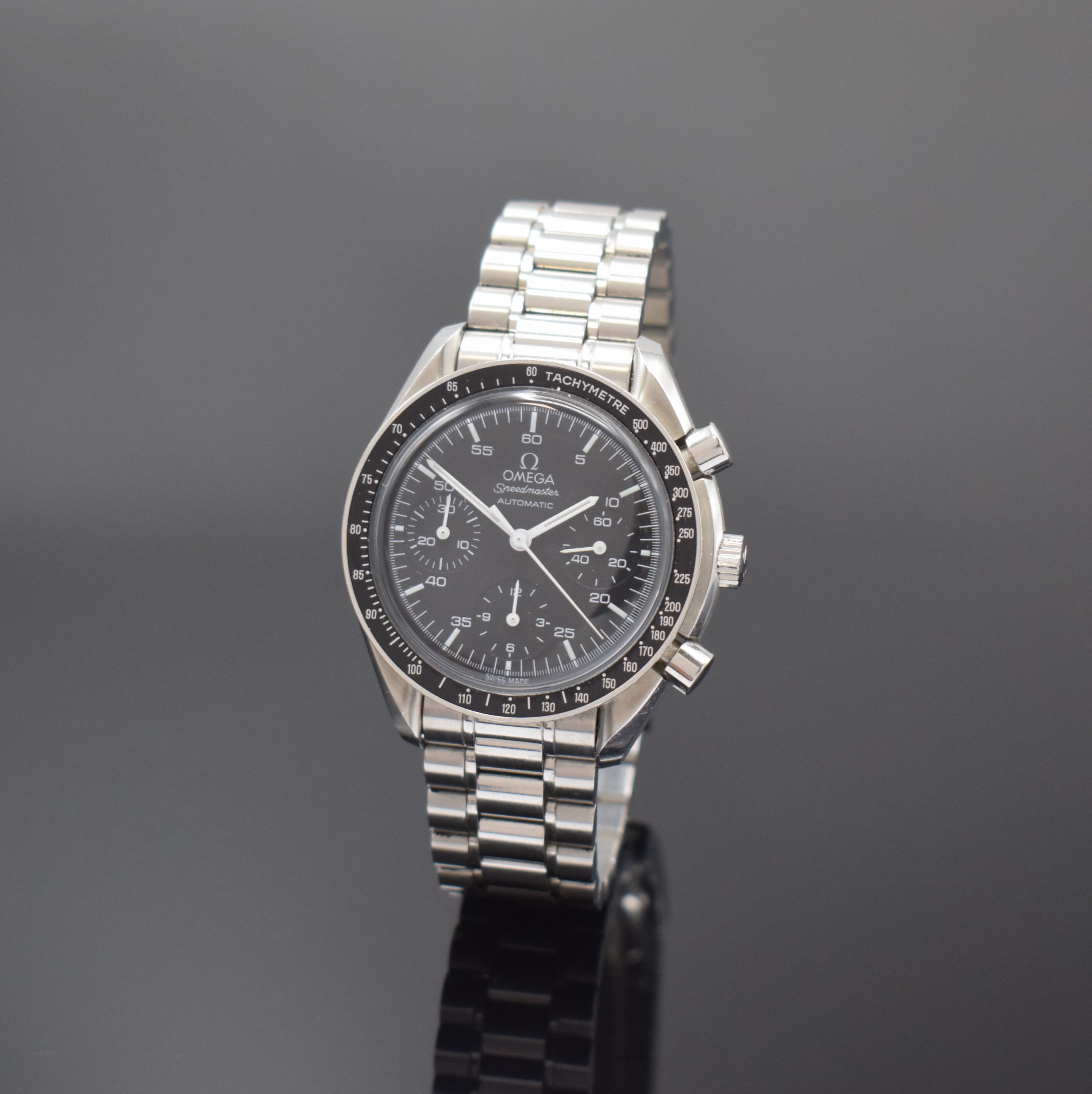 OMEGA Armbandchronograph Speedmaster Referenz 175.0032 in Stahl, Schweiz um 1990, Automatik, Boden aufgedr., orig. Gliederband m. Faltschl., Lünette ...