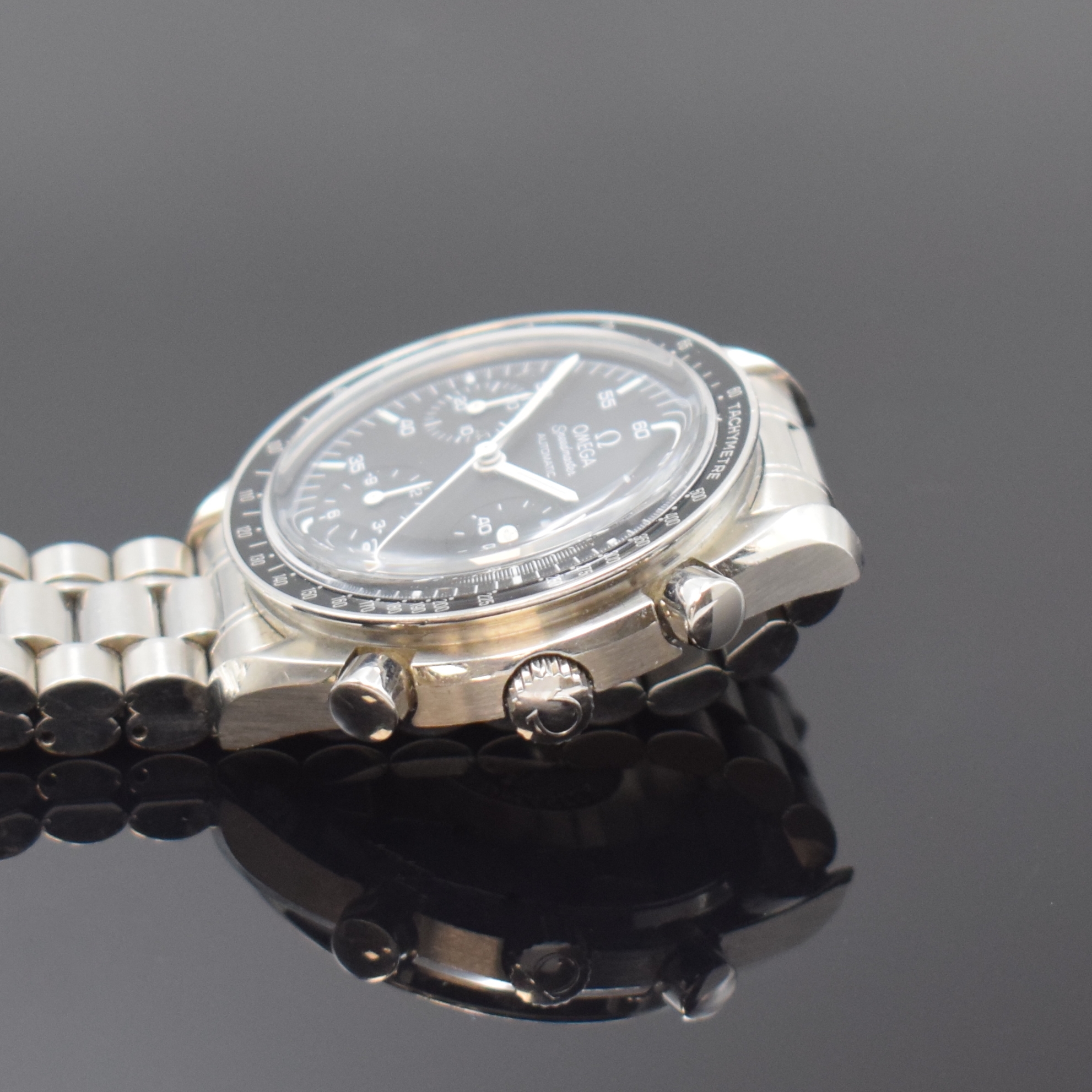 Detail c: OMEGA Armbandchronograph Speedmaster Referenz 175.0032 in Stahl, Schweiz um 1990, Automatik, Boden aufgedr., orig. Gliederband m. Faltschl., Lünette ...