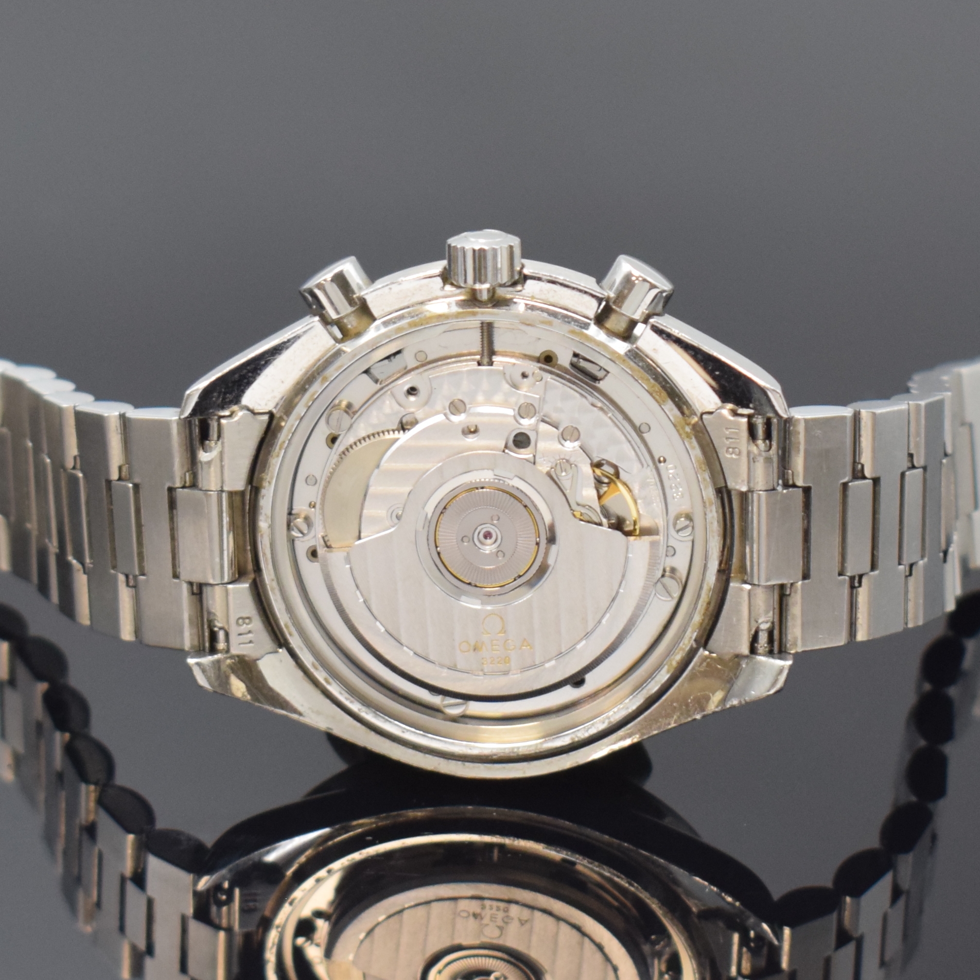 Detail e: OMEGA Armbandchronograph Speedmaster Referenz 175.0032 in Stahl, Schweiz um 1990, Automatik, Boden aufgedr., orig. Gliederband m. Faltschl., Lünette ...
