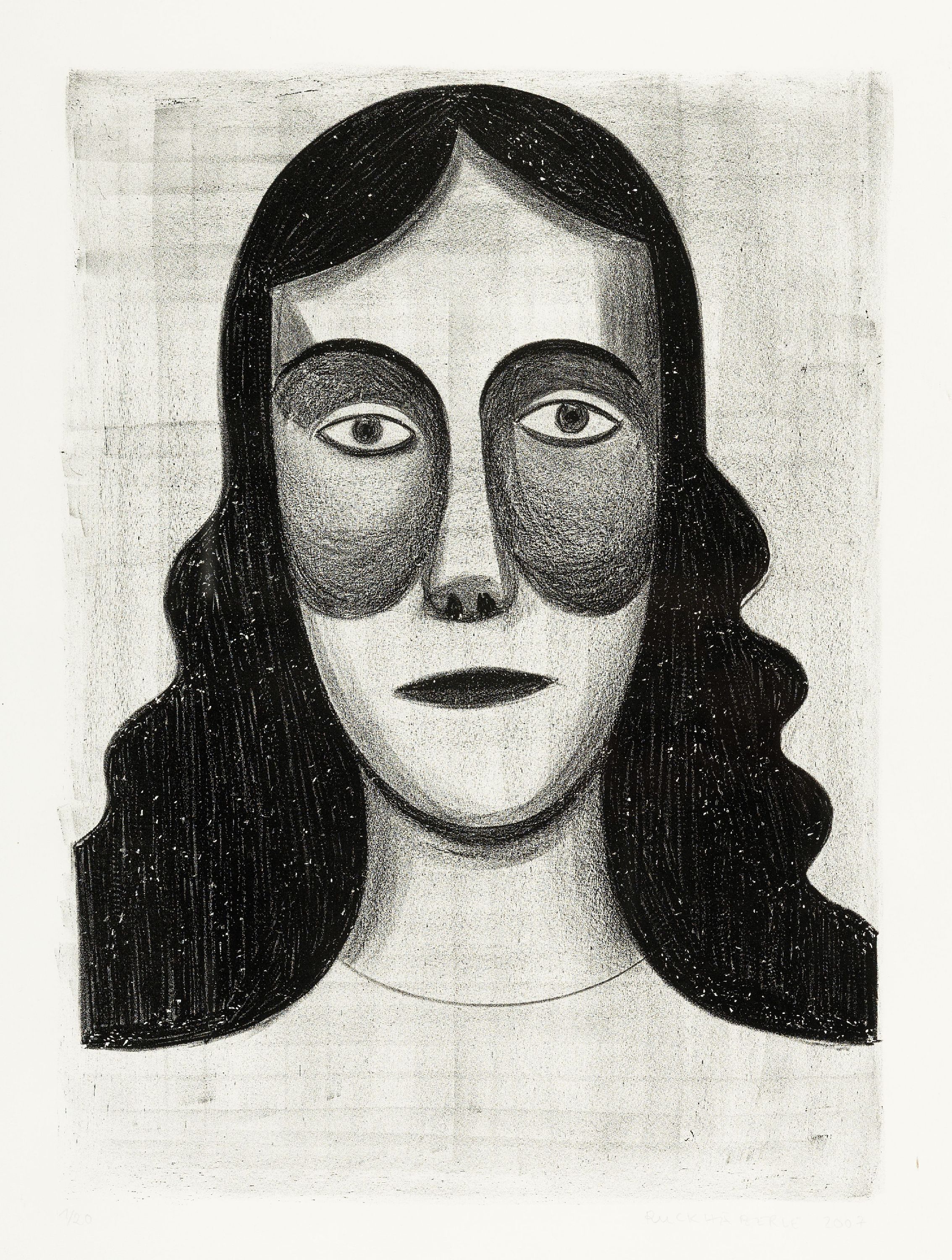 Christoph Ruckheberle, geb. 1972, Lithographie auf Hahnemühle, weibliches En face-Porträt, Ed. 1/20, signiert und datiert, Blatt 68x49 cm, unter ...