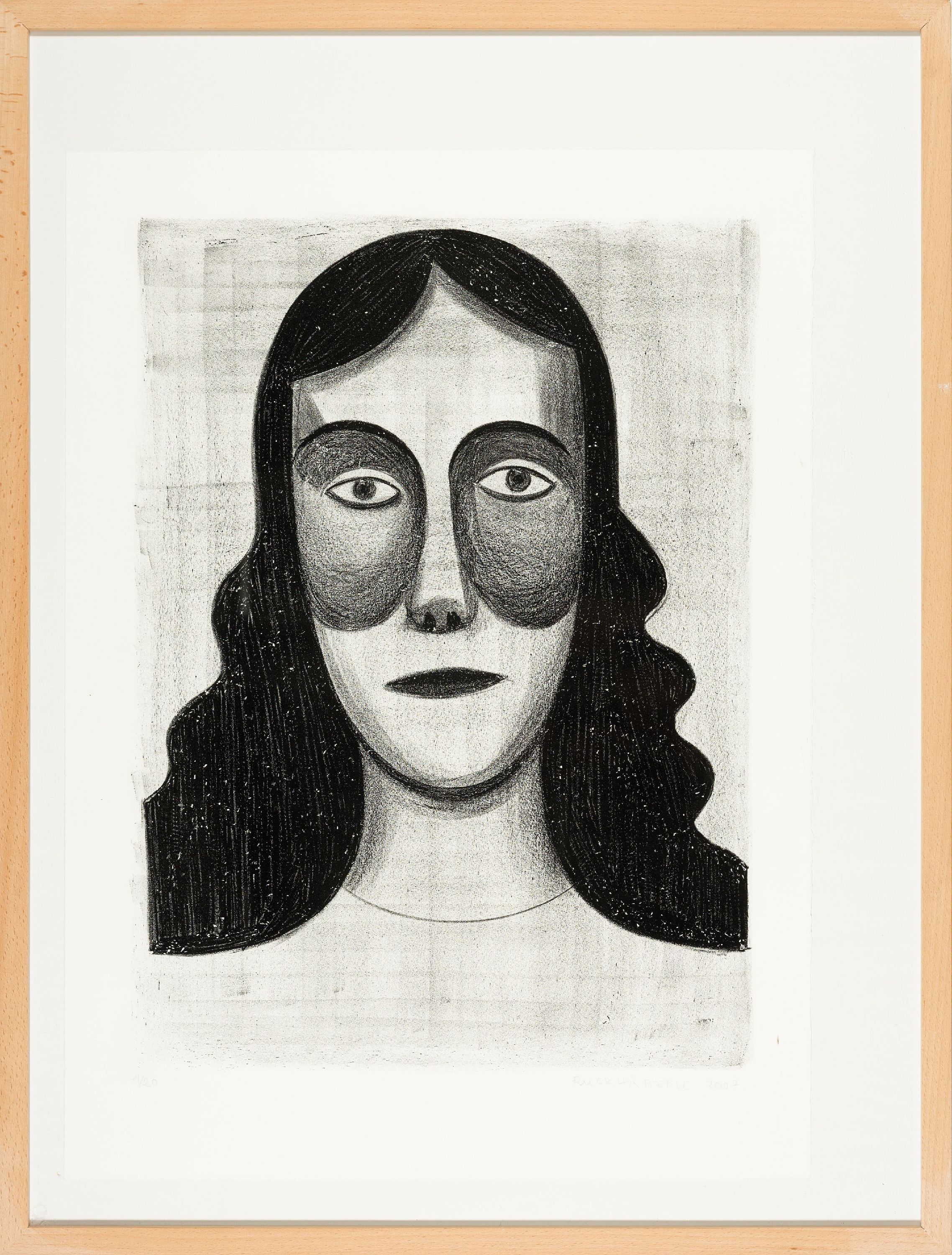 Detail k: Christoph Ruckheberle, geb. 1972, Lithographie auf Hahnemühle, weibliches En face-Porträt, Ed. 1/20, signiert und datiert, Blatt 68x49 cm, unter ...