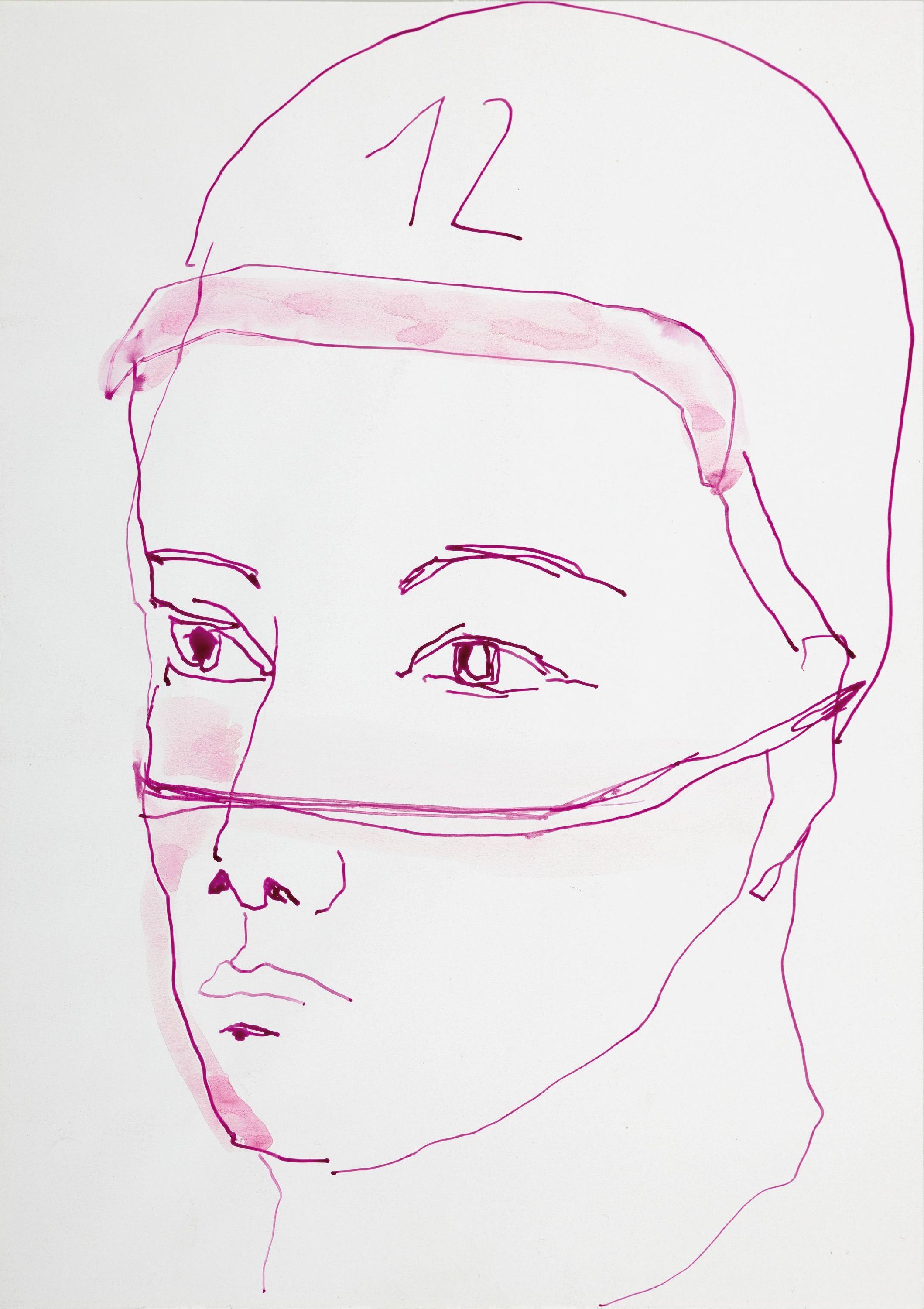 Detail a: Claudia Rößger geb. 1977 Mittweida, 2 Zeichnungen mit pinkem Kugelschreiber, auf Papier, Porträts, 30x21 cm, Provenienz: aus Privatsammlung, ...