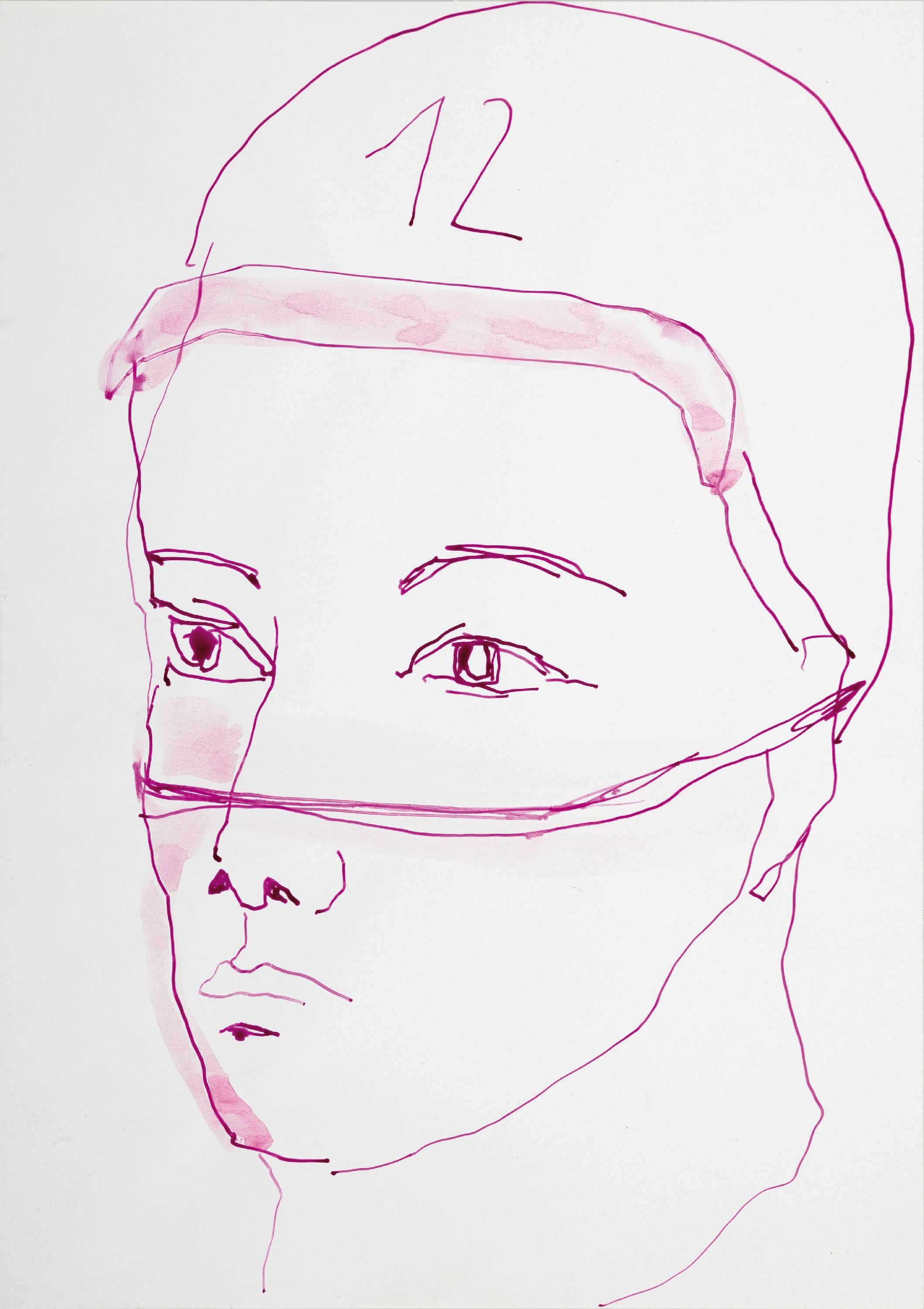 Detail l: Claudia Rößger geb. 1977 Mittweida, 2 Zeichnungen mit pinkem Kugelschreiber, auf Papier, Porträts, 30x21 cm, Provenienz: aus Privatsammlung, ...