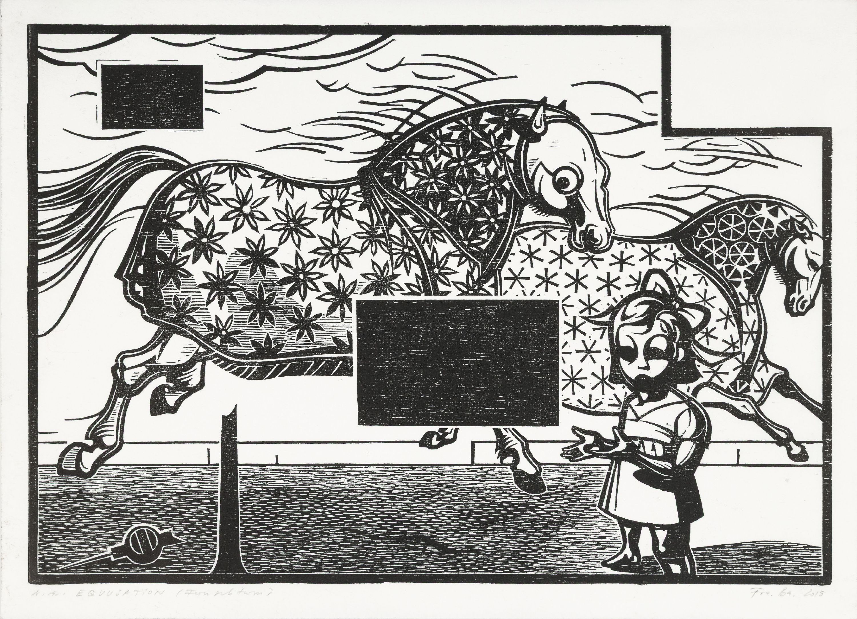 Franca Bartholomäi, geb. 1975 Hohenmölsen, 3Holzschnitte, Triptychon, "Equusation" (Blitz,Antennen, Fernsehturm), 2015, je 21x30 cm, ...