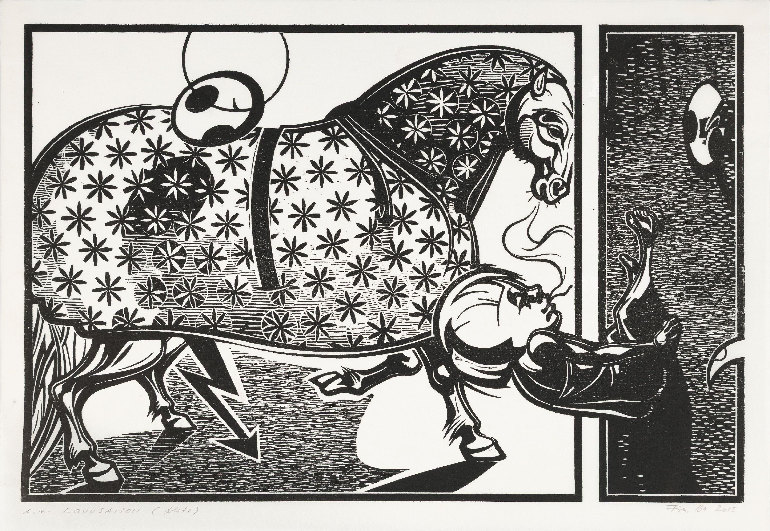 Detail a: Franca Bartholomäi, geb. 1975 Hohenmölsen, 3Holzschnitte, Triptychon, "Equusation" (Blitz,Antennen, Fernsehturm), 2015, je 21x30 cm, ...