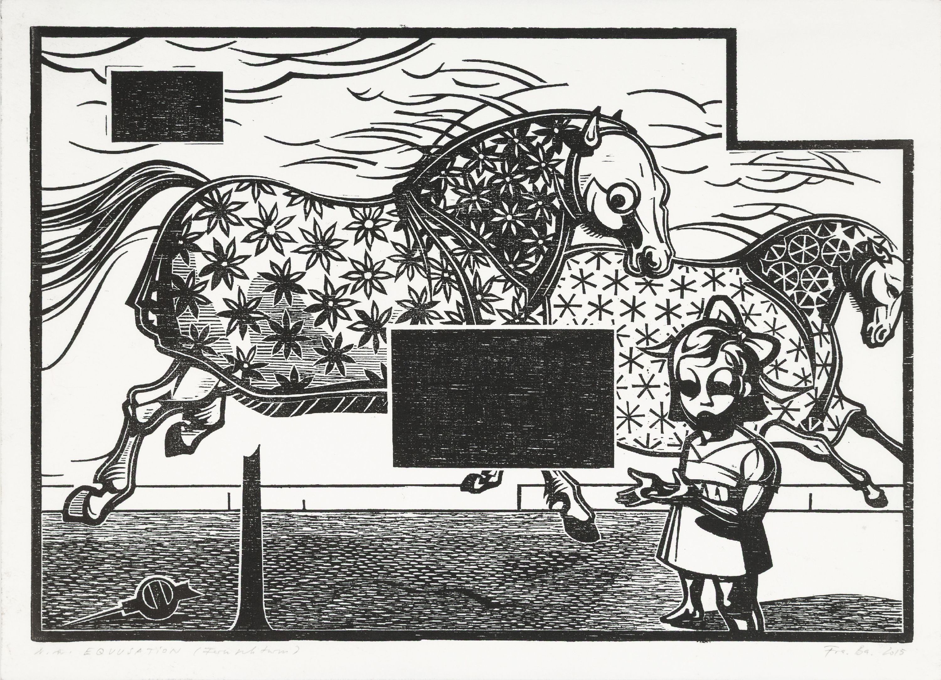 Detail k: Franca Bartholomäi, geb. 1975 Hohenmölsen, 3Holzschnitte, Triptychon, "Equusation" (Blitz,Antennen, Fernsehturm), 2015, je 21x30 cm, ...