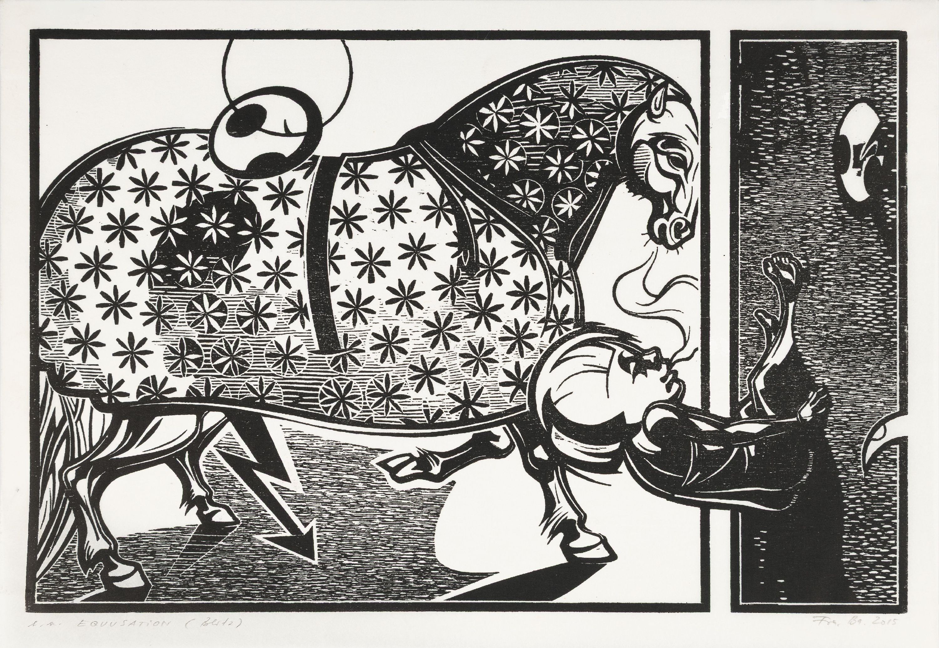 Detail l: Franca Bartholomäi, geb. 1975 Hohenmölsen, 3Holzschnitte, Triptychon, "Equusation" (Blitz,Antennen, Fernsehturm), 2015, je 21x30 cm, ...
