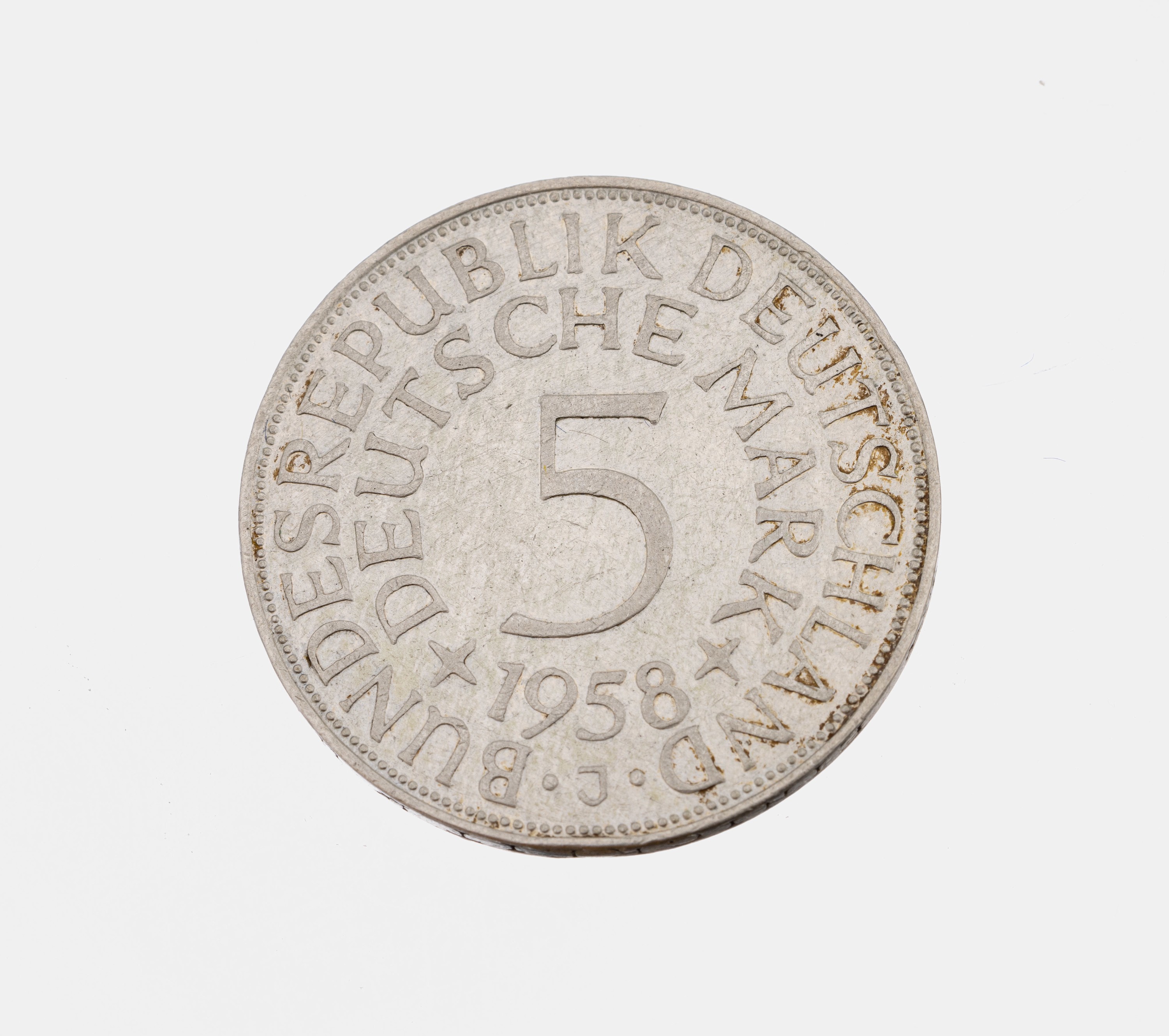 Silbermünze 5 Mark 1958, Bundesrepublik Deutschland, sog. Silberadler, Prägemarke J