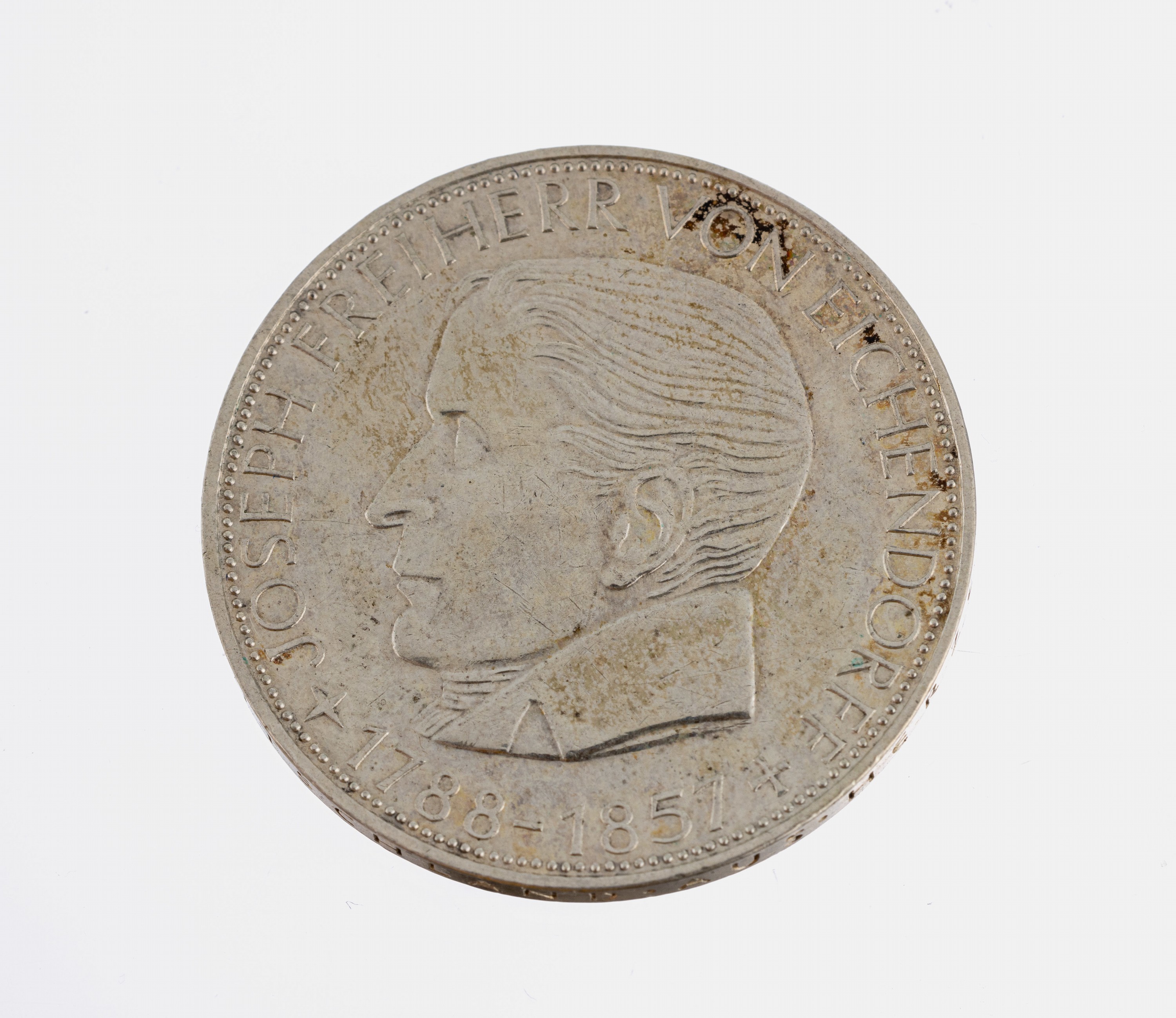 5 Mark Silbermünze, Deutschland 1957, FreiherrJoseph von Eichendorff, Prägemarke J