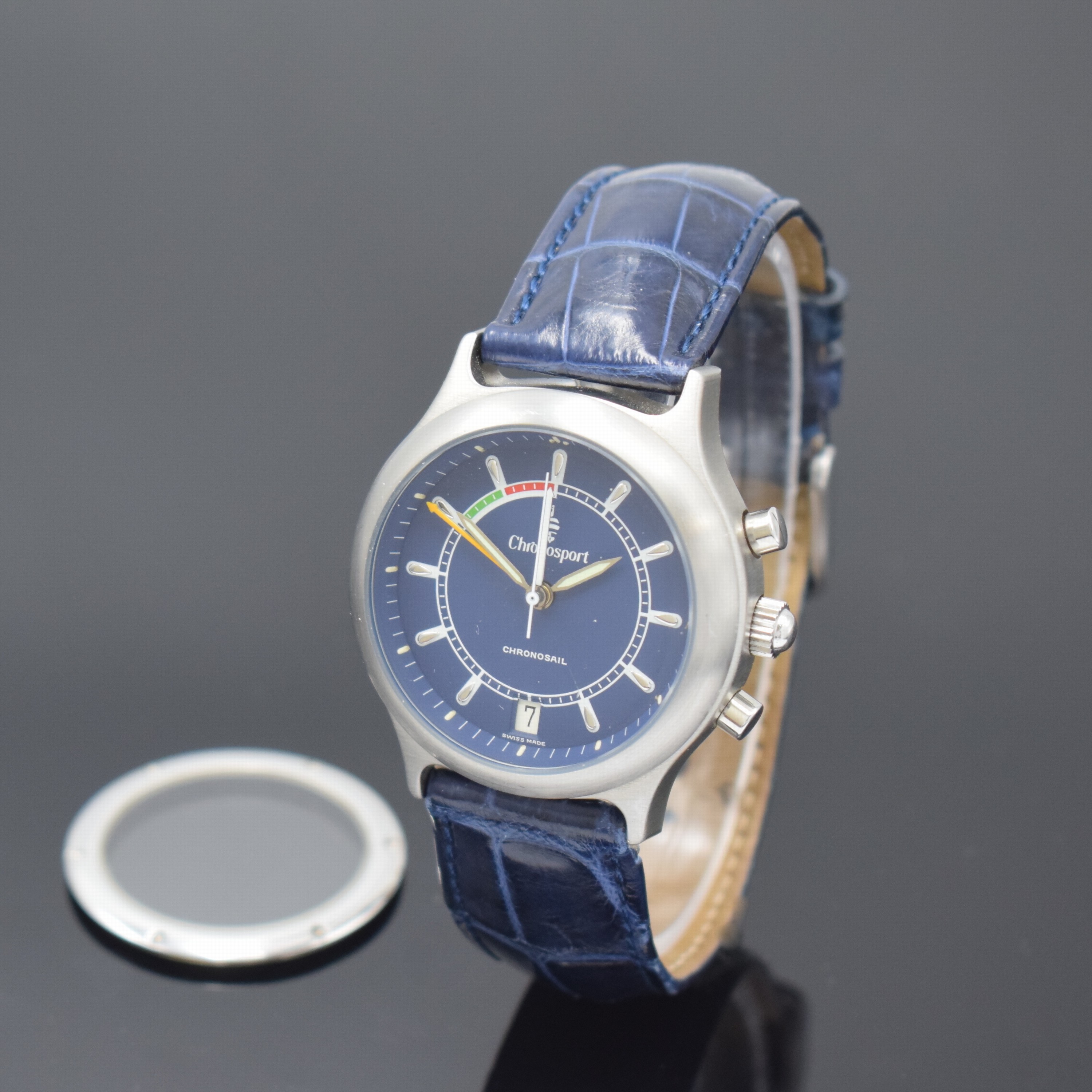 CHRONOSPORT Chronosail Herrenarmbanduhr mit Regatta-Chronograph Modell 400, Handaufzug, Schweiz um 1997, Edelstahlgeh. inkl. orig. Lederband m. orig. ...