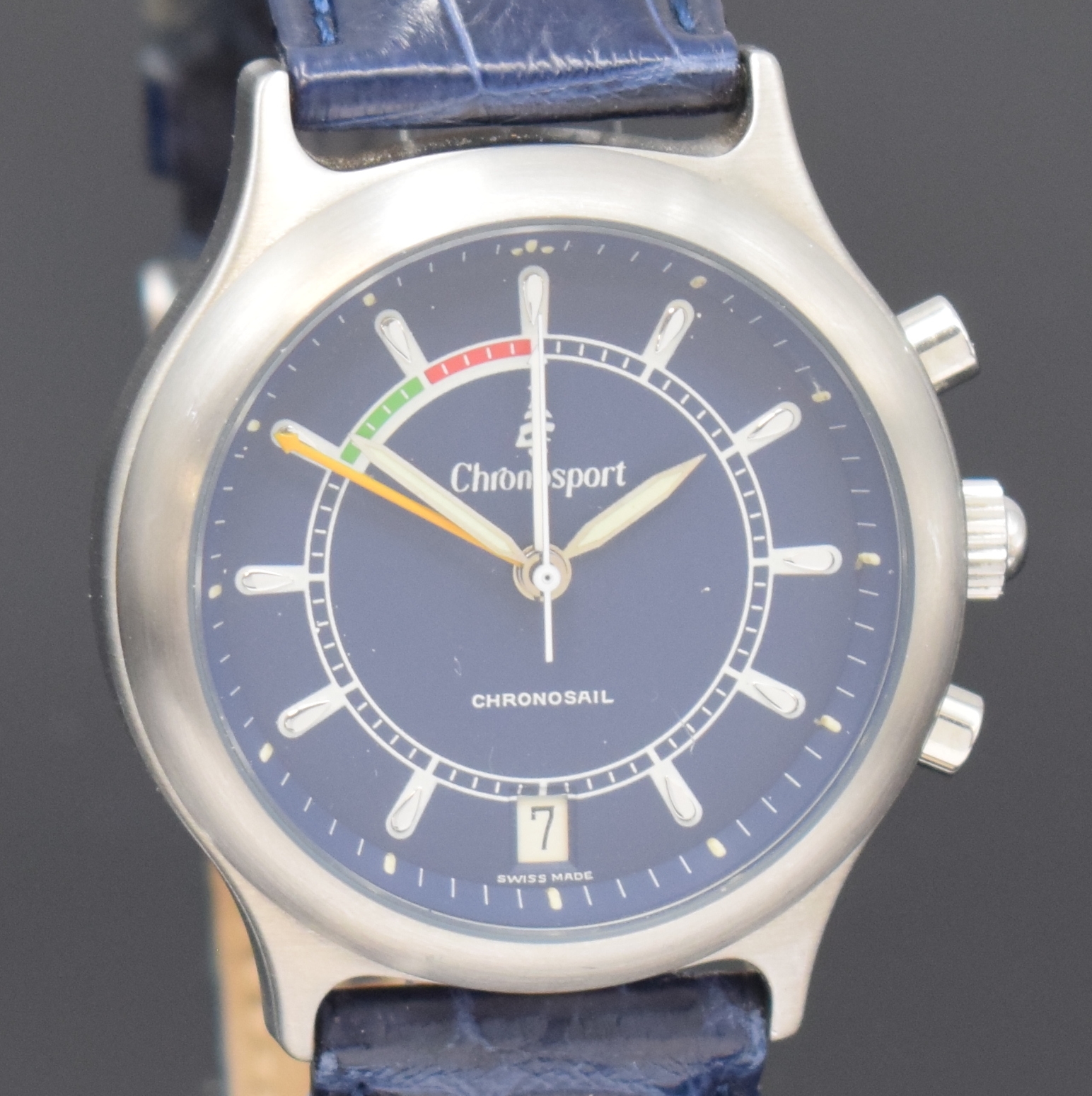 Detail c: CHRONOSPORT Chronosail Herrenarmbanduhr mit Regatta-Chronograph Modell 400, Handaufzug, Schweiz um 1997, Edelstahlgeh. inkl. orig. Lederband m. orig. ...