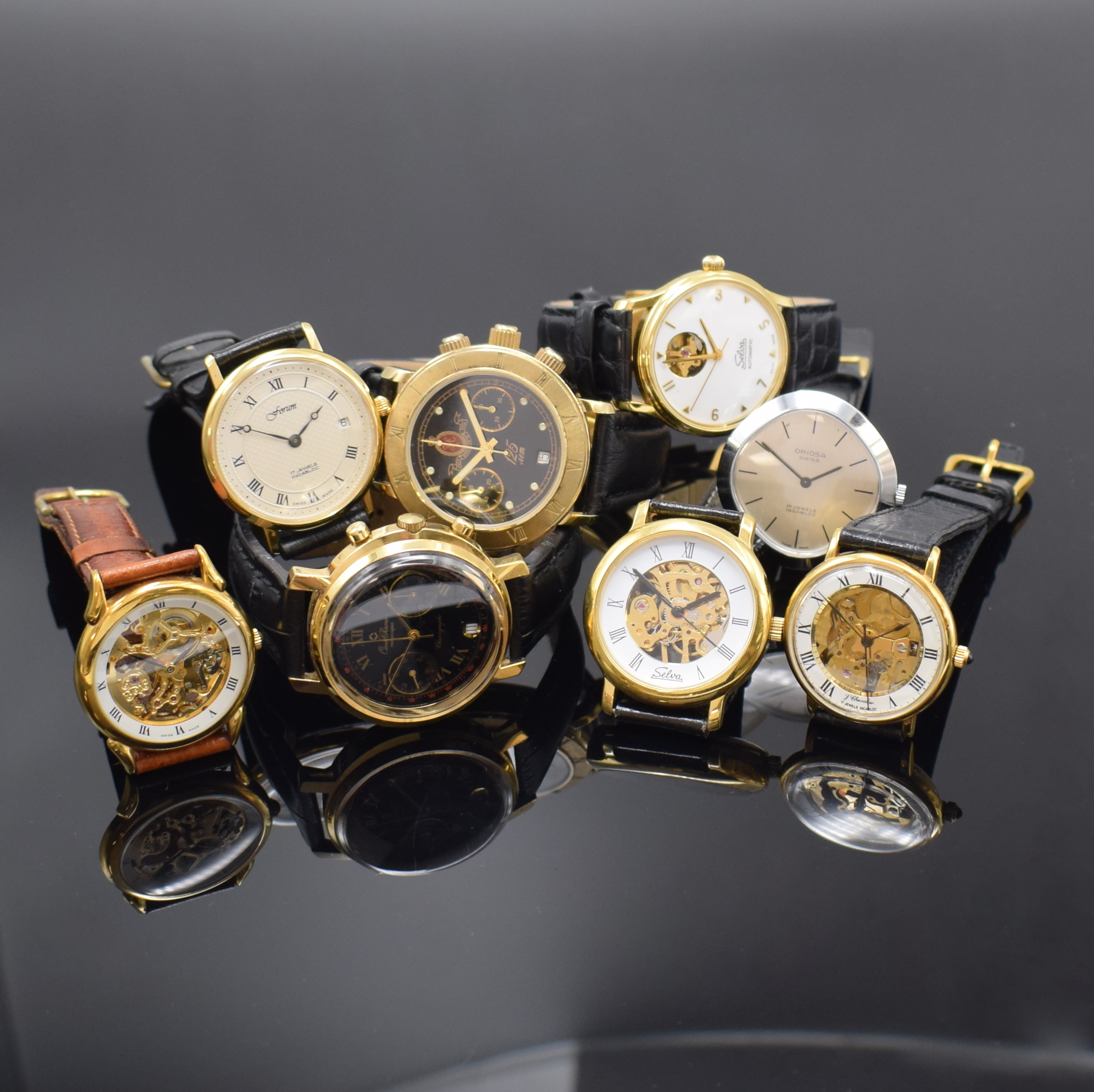 Konvolut 8 mechanische Armbanduhren, verschiedene Fertigungszeiten, alle Handaufzug, davon 2 vergoldete, russische Chronographen, 1 x Oriosa, im ...