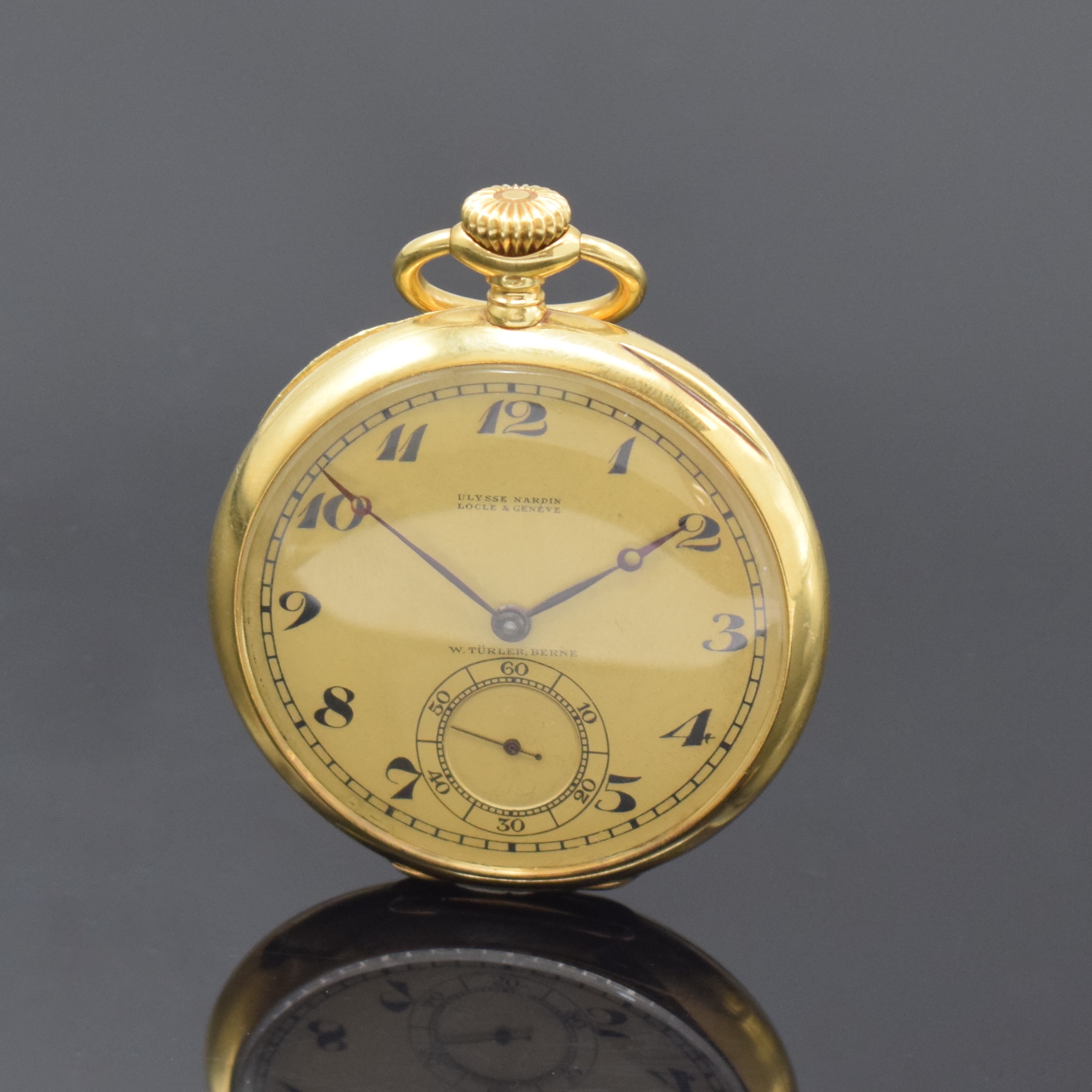 ULYSSE NARDIN / W. TÜRLER, BERNE offene Herrentaschenuhr in GG 750/000, Schweiz um 1925, glattes Goldgeh., verg. Cuv., gold. Metallzifferbl. m. ...