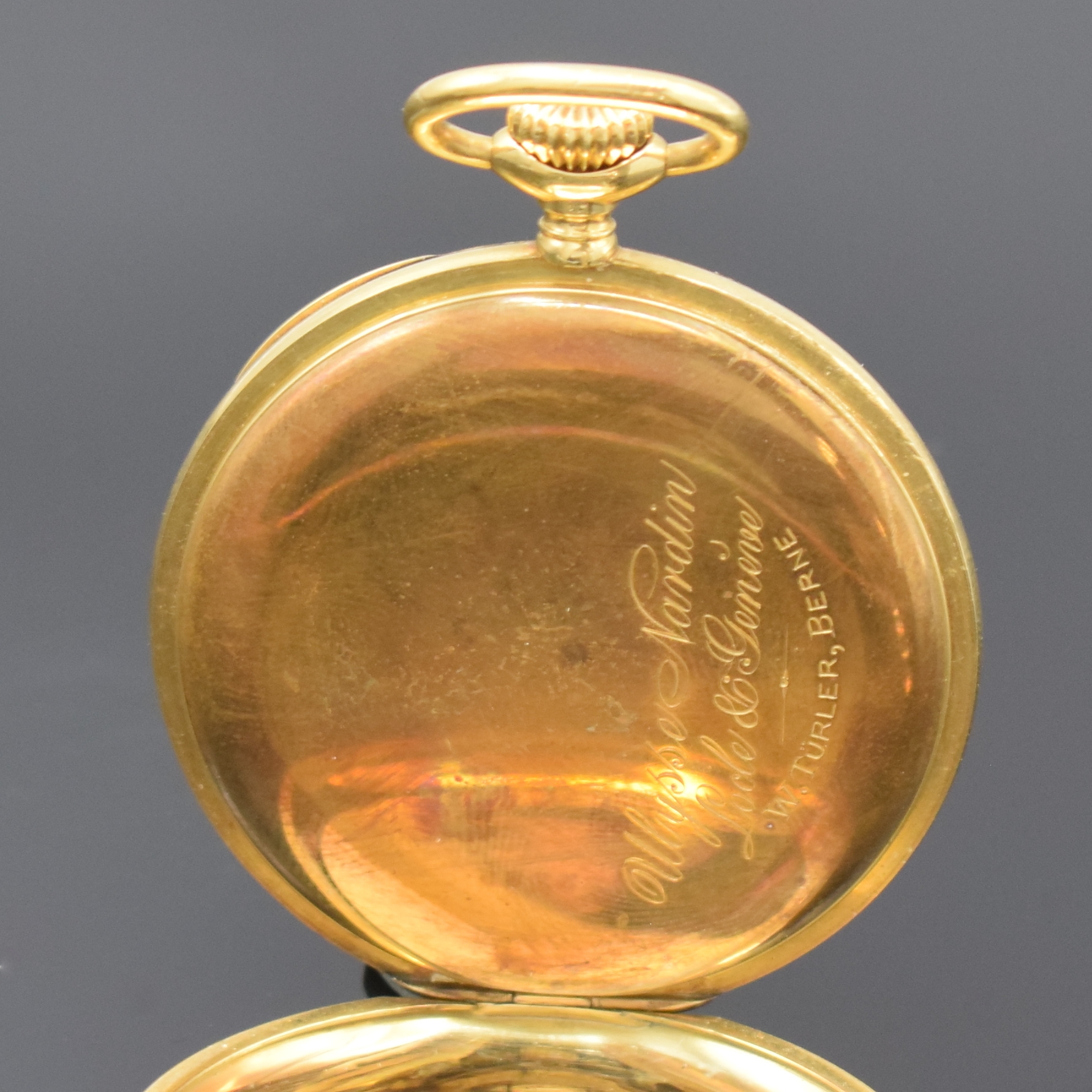 Detail c: ULYSSE NARDIN / W. TÜRLER, BERNE offene Herrentaschenuhr in GG 750/000, Schweiz um 1925, glattes Goldgeh., verg. Cuv., gold. Metallzifferbl. m. ...