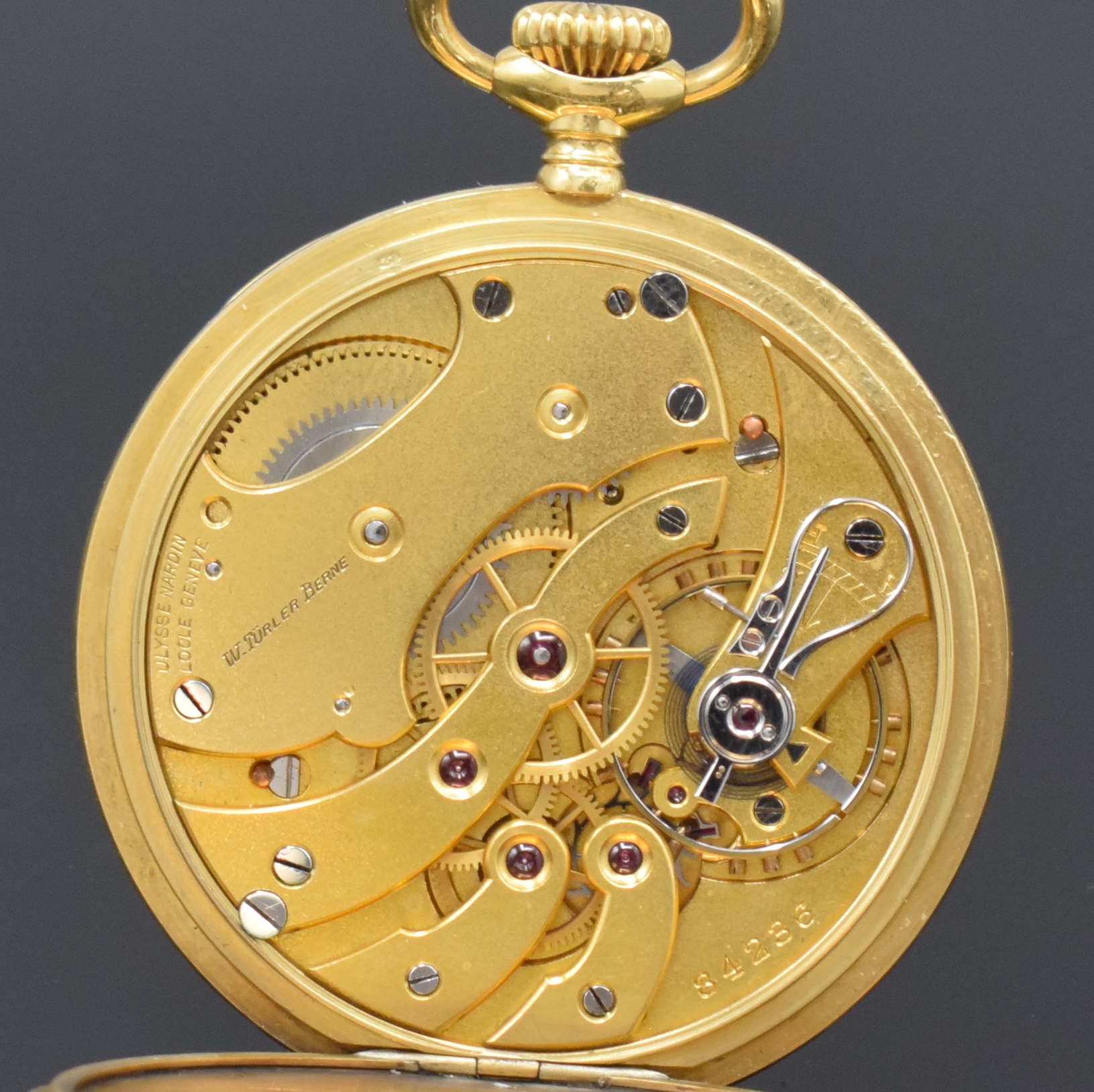 Detail f: ULYSSE NARDIN / W. TÜRLER, BERNE offene Herrentaschenuhr in GG 750/000, Schweiz um 1925, glattes Goldgeh., verg. Cuv., gold. Metallzifferbl. m. ...