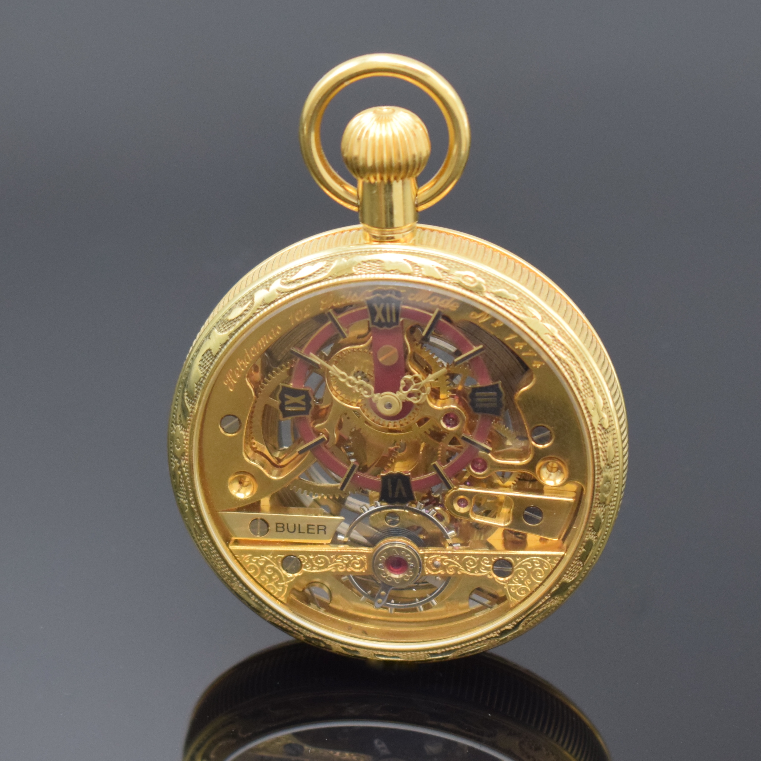 BULER / HEBDOMAS skelettiert, offene Herrentaschenuhr mit Achttagewerk, Schweiz um 1990, Metall hartverg., beids. vergl., skelett. Sichtwerk, verg., ...