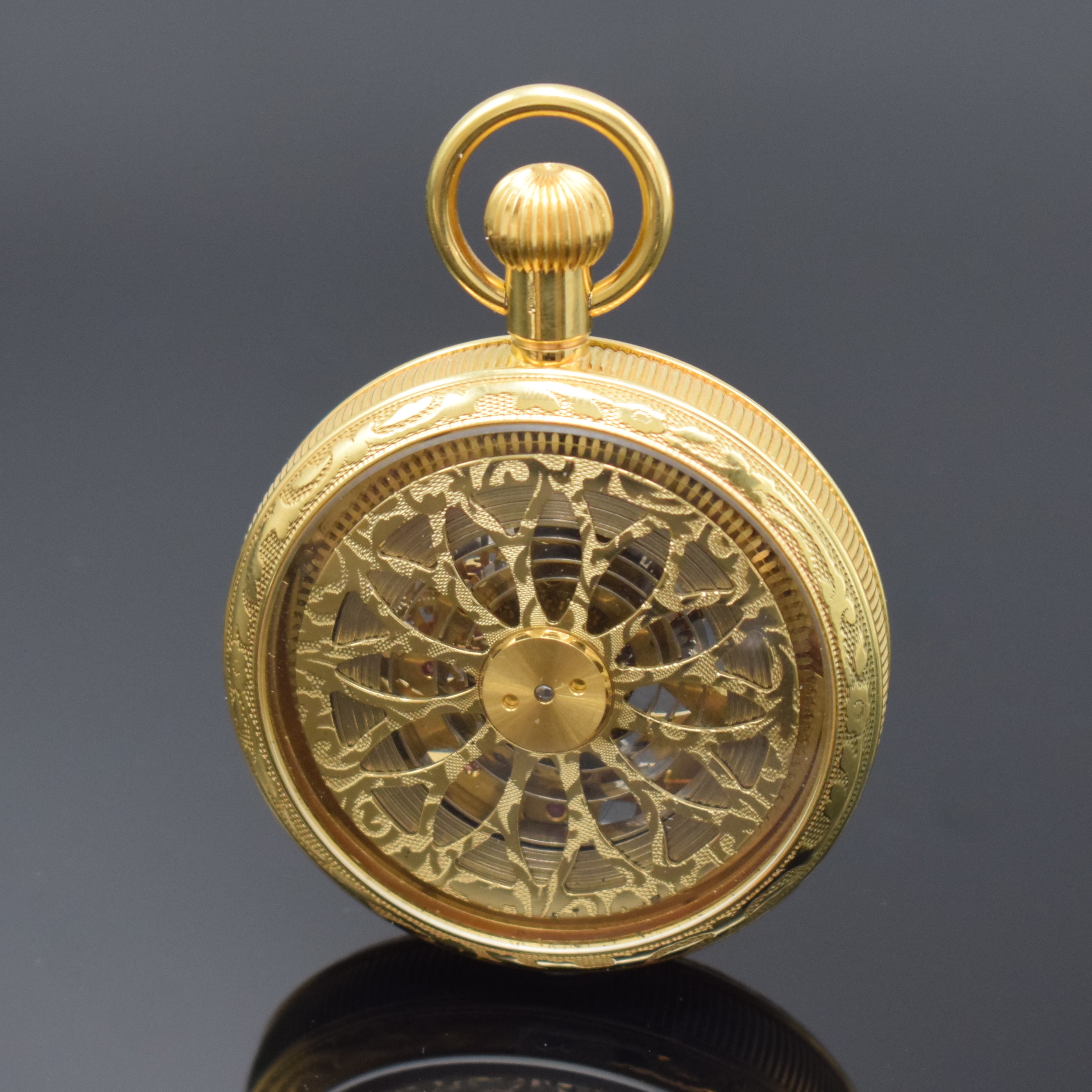 Detail a: BULER / HEBDOMAS skelettiert, offene Herrentaschenuhr mit Achttagewerk, Schweiz um 1990, Metall hartverg., beids. vergl., skelett. Sichtwerk, verg., ...