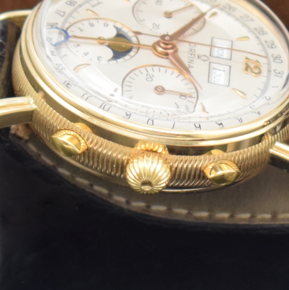 Detail e: ORFINA Herrenarmbanduhr mit Schaltradchronograph und Kalender in RG 750/000 Kaliber Valjoux 886, Schweiz um 1990, Handaufzug, beids. vergl. 3-tlg. ...