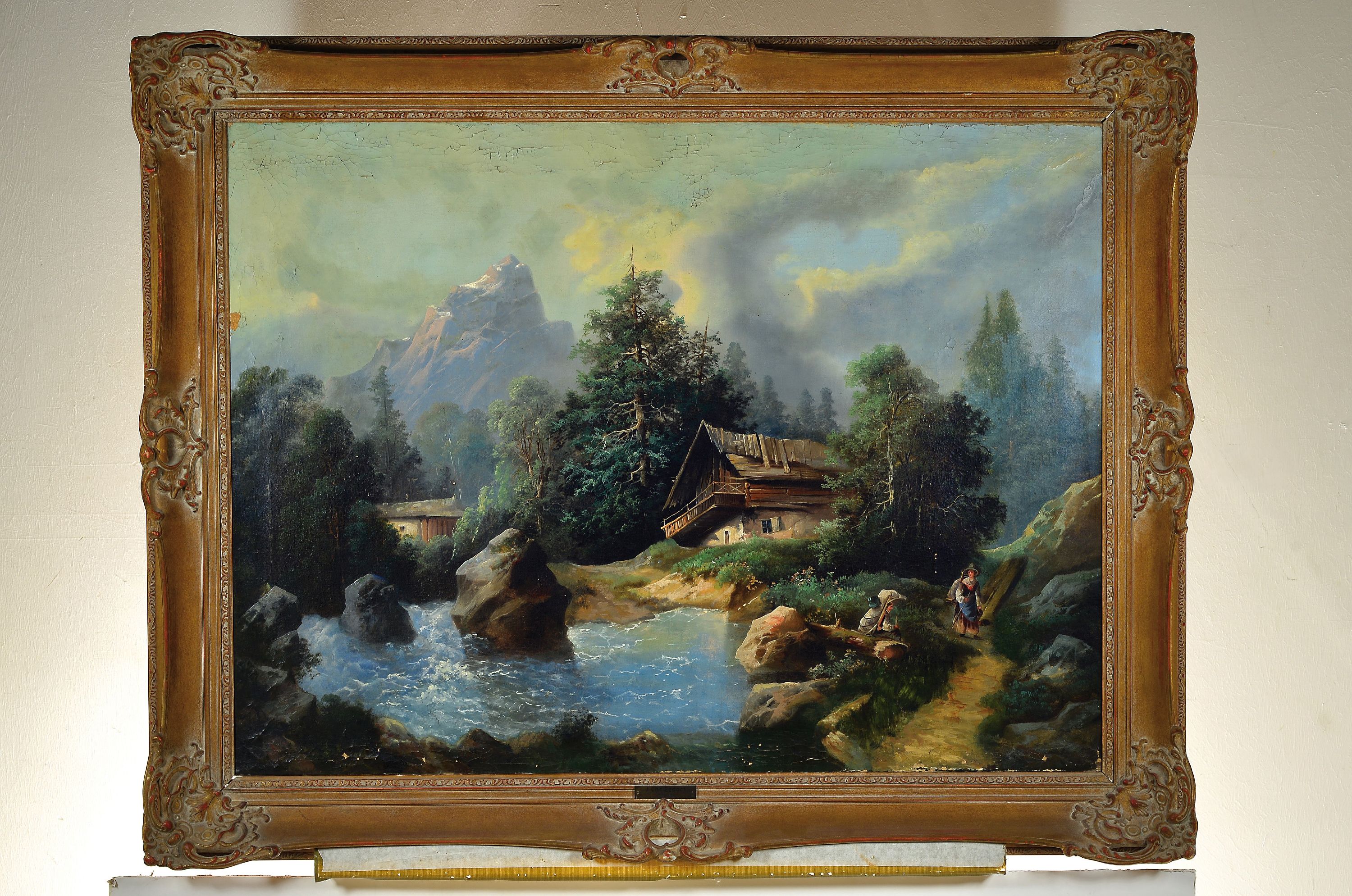 Detail k: Zuschreibung: Johann Christian Ezdorf, 1801 Pößneck-1851 München, alpine Landschaft mit Gebirgsbach und Hütte, Figurenstaffage zweier Wanderer, ...