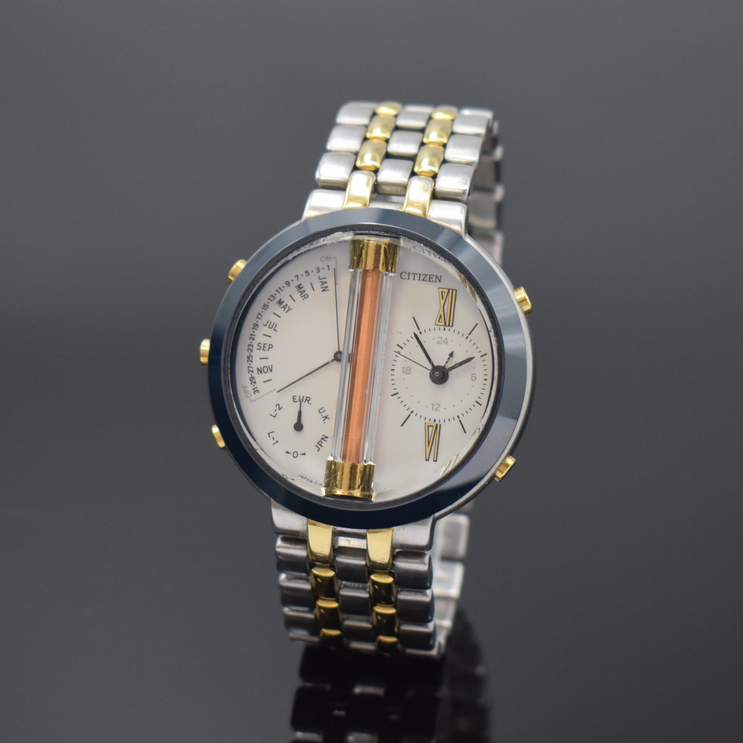 CITIZEN frühe Funkgesteuerte Herrenarmbanduhr Referenz 7400-C70007 TA, Japan um 1990, quarz, Edelstahlgeh. m. orig. Gliederband (teils verg.), Boden ...