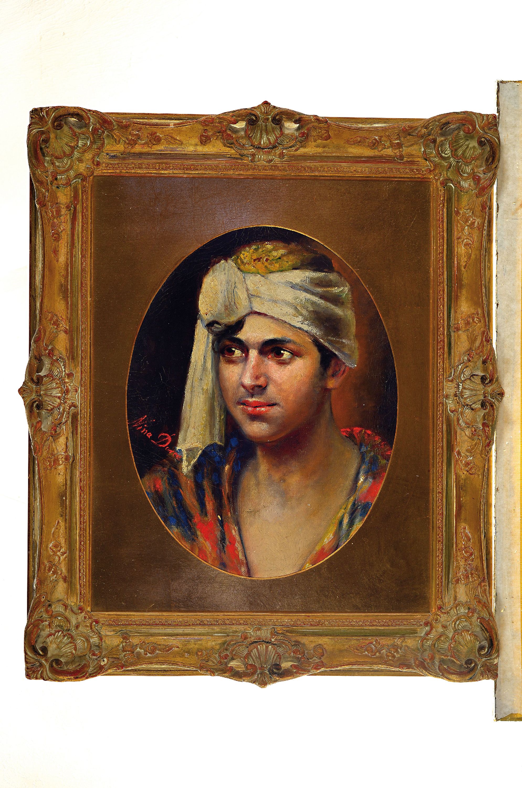 Nina Doree o.ä., um 1900, Porträt eines orientalischen Mannes mit Turban, Öl/Malkarton, seitlich links signiert, im Oval ca. 42x33cm, rechteckiger ...