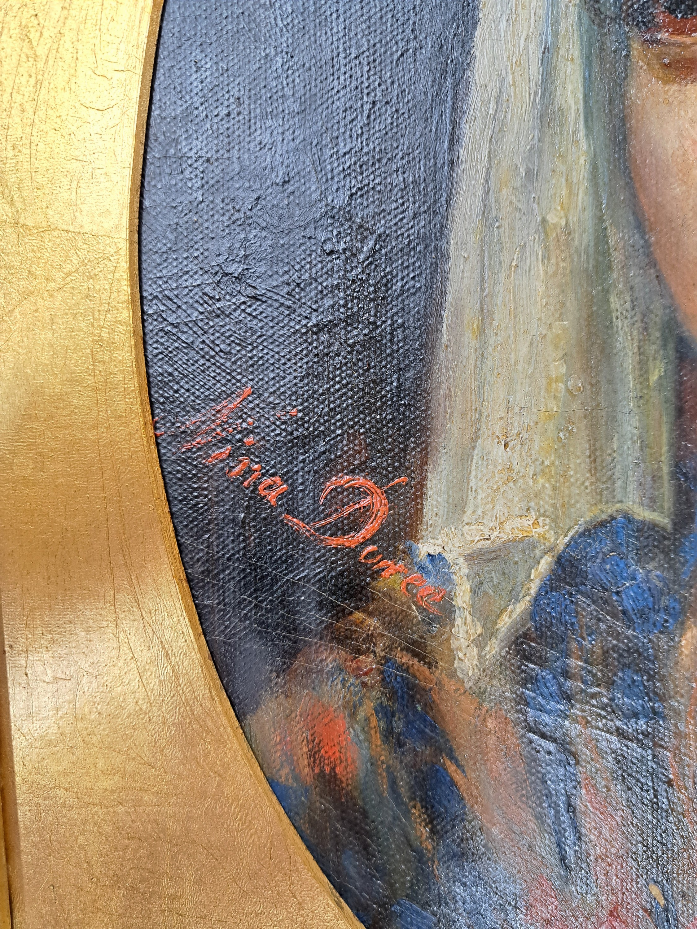 Detail b: Nina Doree o.ä., um 1900, Porträt eines orientalischen Mannes mit Turban, Öl/Malkarton, seitlich links signiert, im Oval ca. 42x33cm, rechteckiger ...