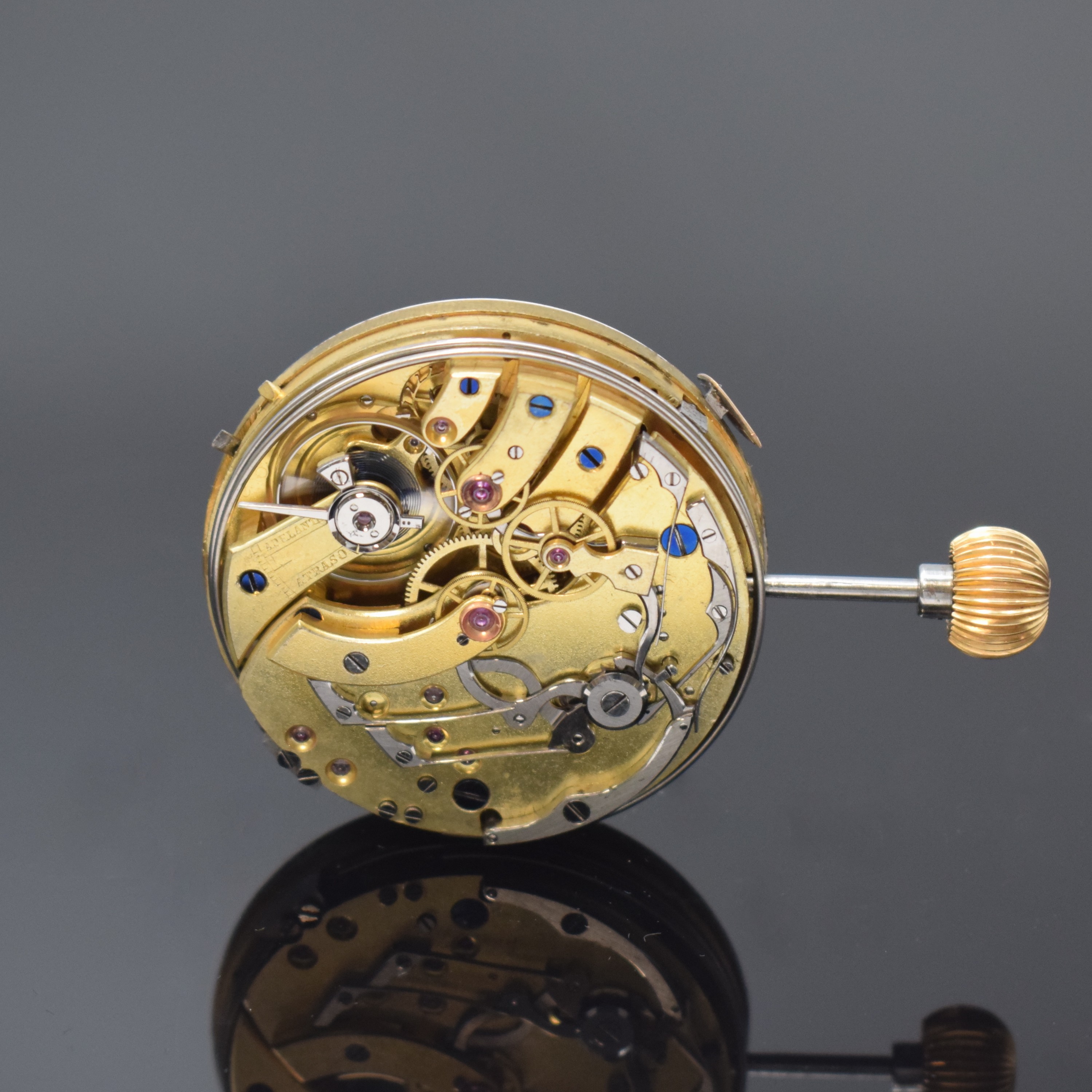 Savonette Taschenuhrwerk mit 1/4 Repetition und Chronographenfunktion, Schweiz um 1900, 2-teil. Emailzifferbl. m. röm. Zahlen riss., Chronograph ...
