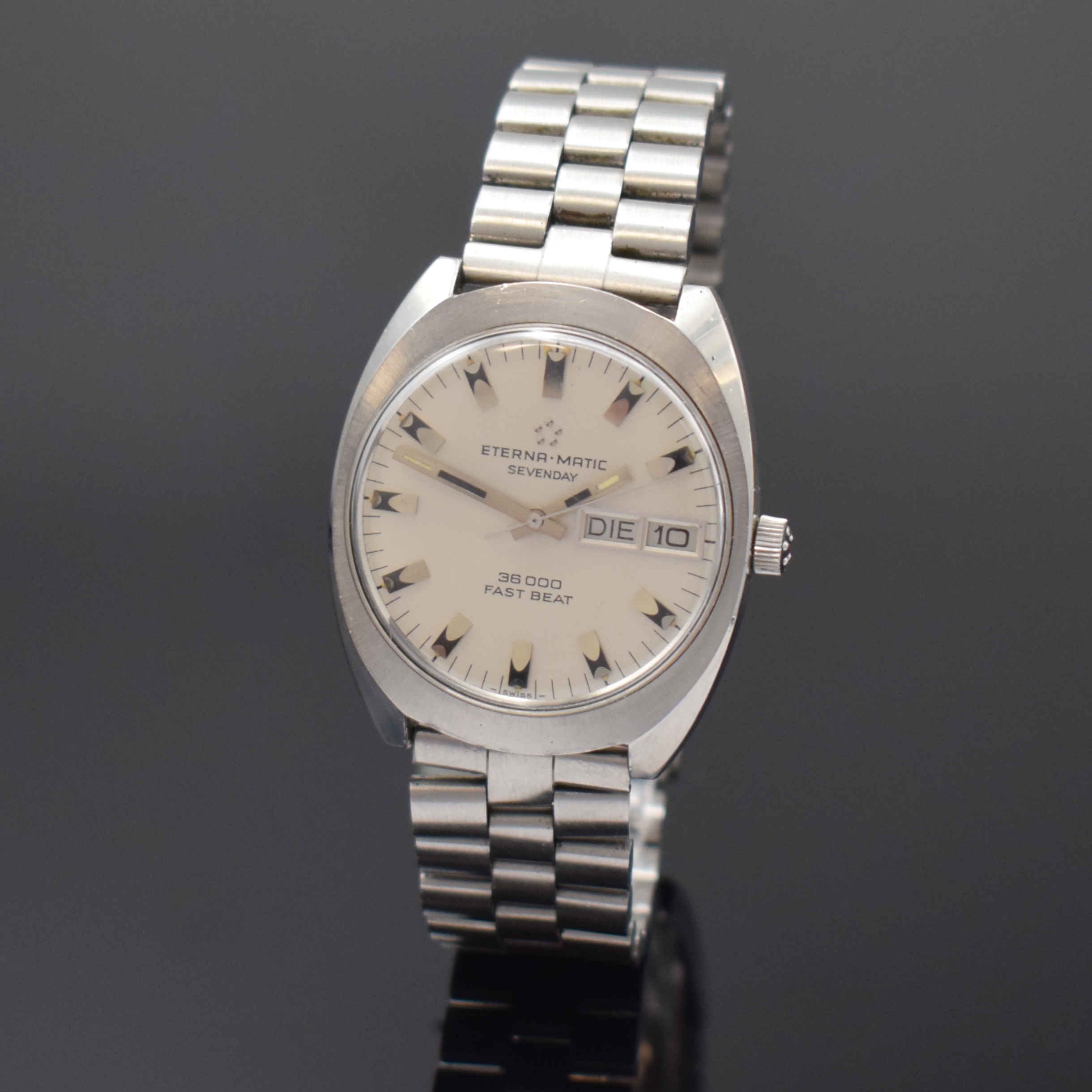 ETERNA-MATIC Sevenday 36000 Fast Beat Herrenarmbanduhr Referenz 151T, Schweiz um 1970, Automatik, Boden verschr., Tissot- Stahlband m. Faltschl., ...