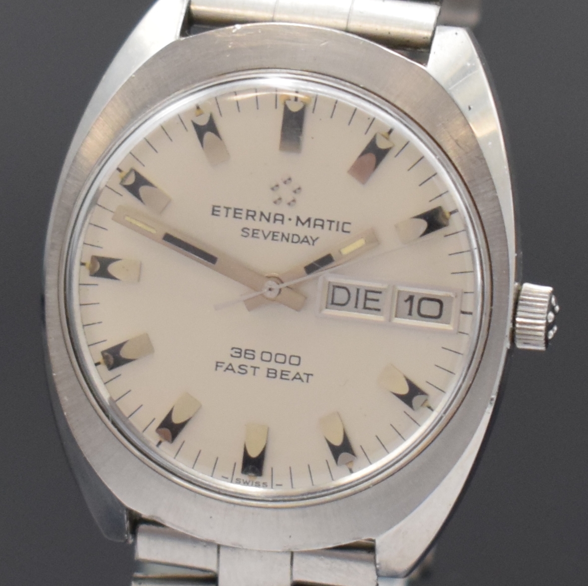 Detail a: ETERNA-MATIC Sevenday 36000 Fast Beat Herrenarmbanduhr Referenz 151T, Schweiz um 1970, Automatik, Boden verschr., Tissot- Stahlband m. Faltschl., ...