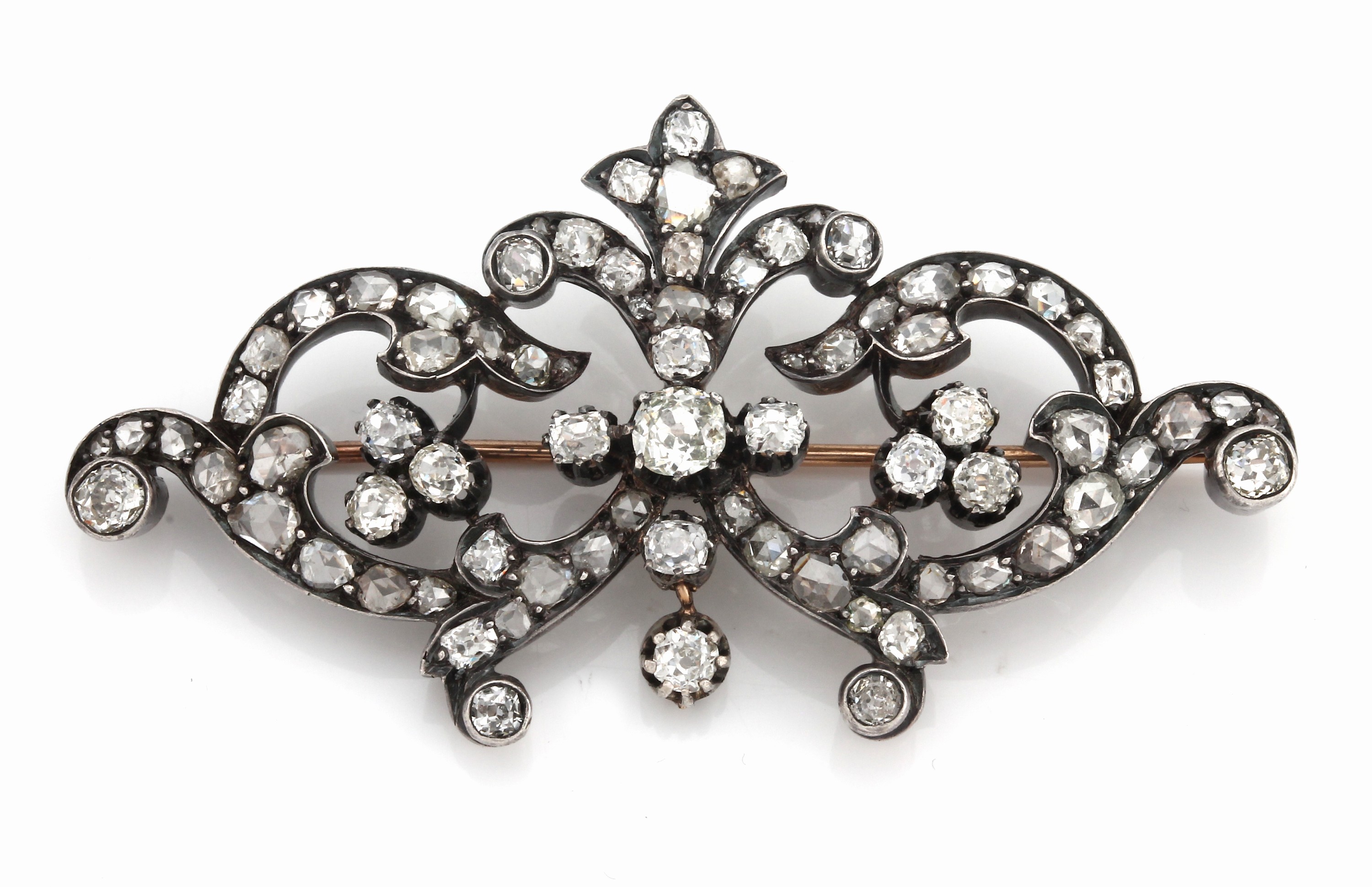 Detail a: 18 kt Gold Diamant-Brosche, wohl Frankreich um1880/90, GG 750/000 gepr., Schauseite zeittyp. in Silber gearbeitet, geom., 74 Altschliff-Diamanten ...