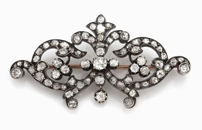 26898153a - 18 kt Gold Diamant-Brosche, wohl Frankreich um1880/90, GG 750/000 gepr., Schauseite ...