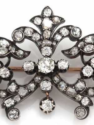 26898153b - 18 kt Gold Diamant-Brosche, wohl Frankreich um1880/90, GG 750/000 gepr., Schauseite ...