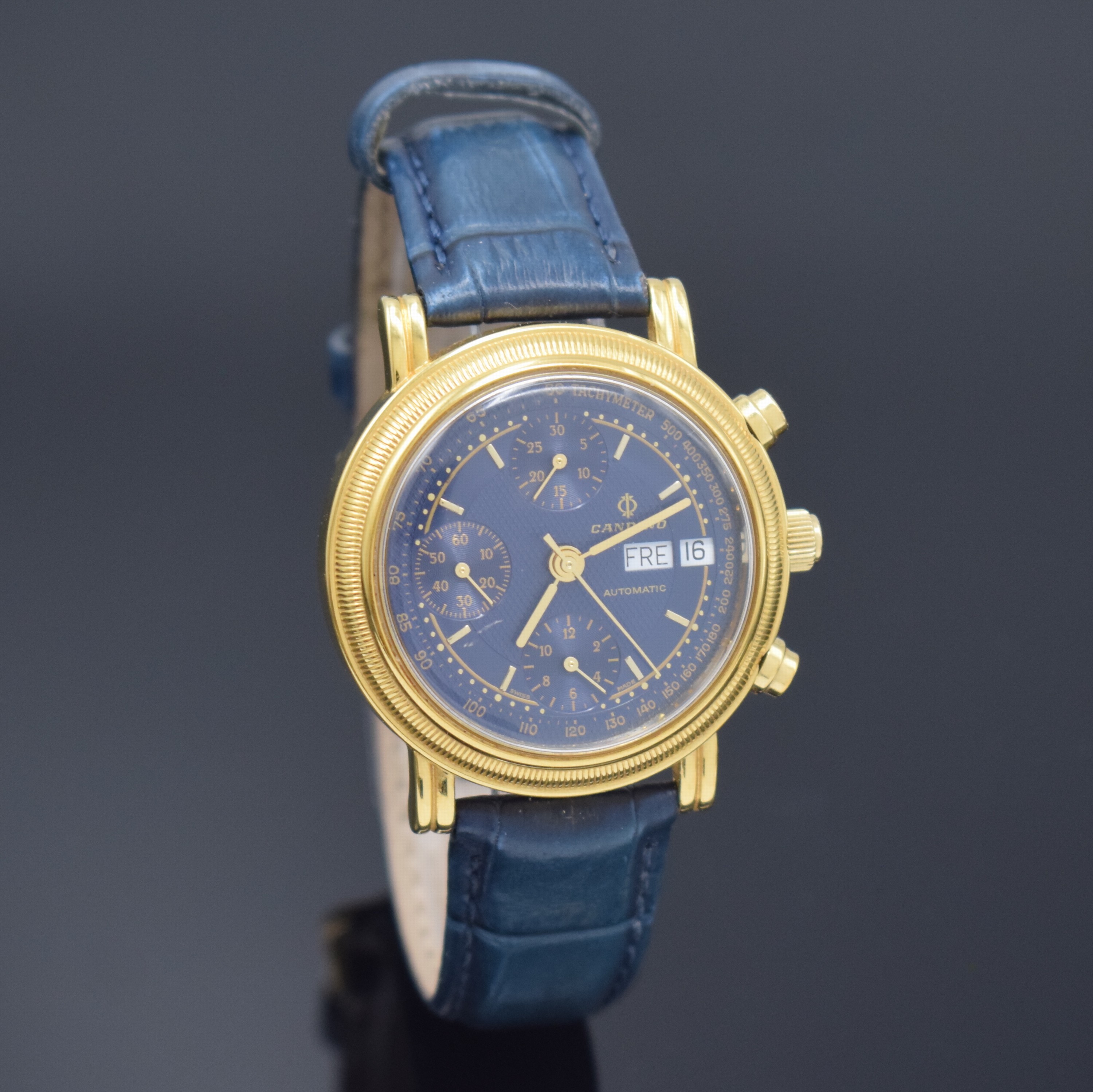 Detail b: CANDINO vergoldeter Armbandchronograph, Schweiz um 2005, Automatik, beids. vergl. Geh., Boden aufgedr., Lederband m. verg. orig. Dornschl., blaues ...