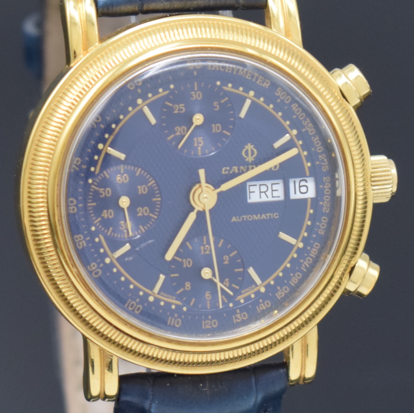 Detail c: CANDINO vergoldeter Armbandchronograph, Schweiz um 2005, Automatik, beids. vergl. Geh., Boden aufgedr., Lederband m. verg. orig. Dornschl., blaues ...