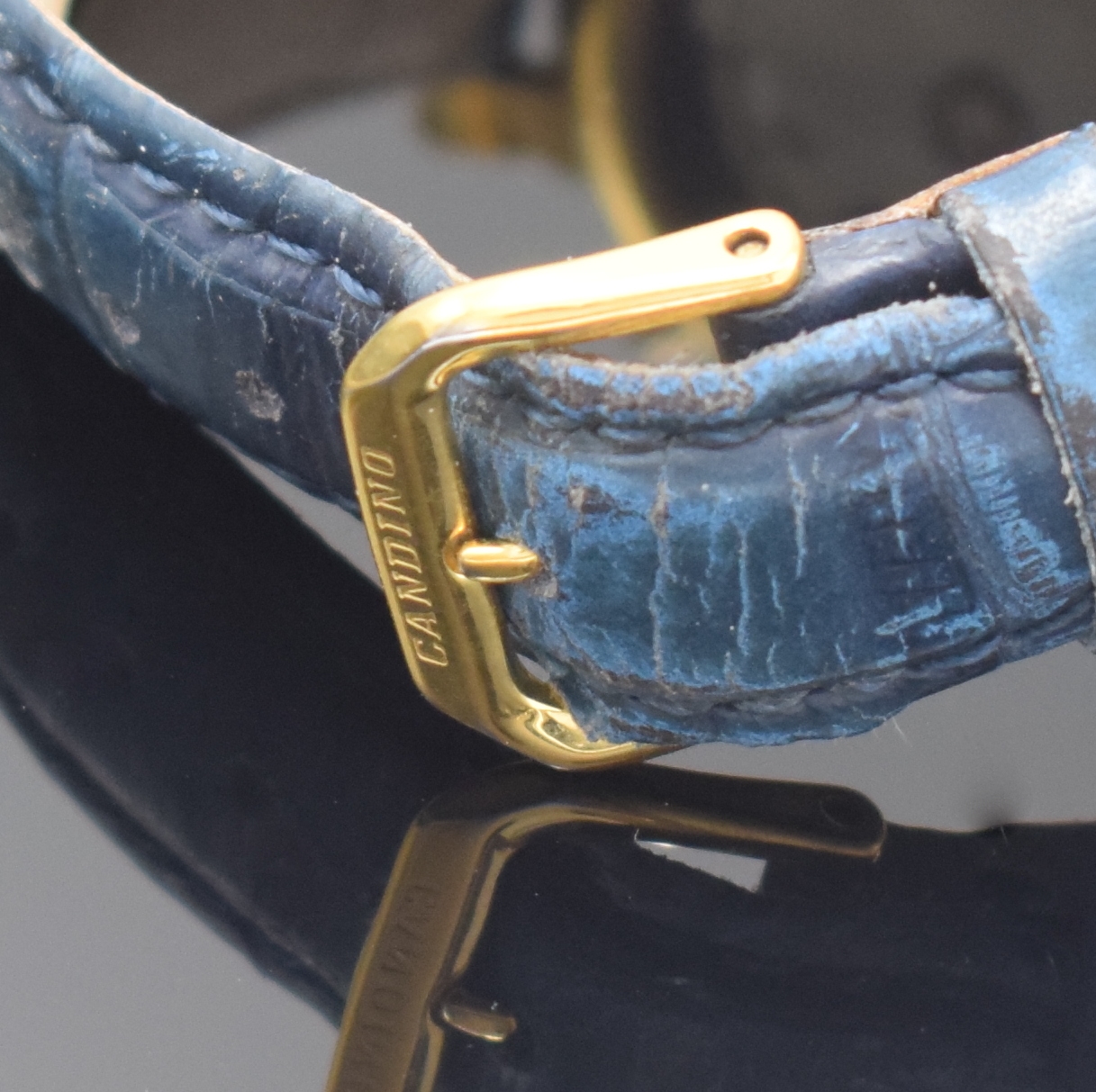Detail d: CANDINO vergoldeter Armbandchronograph, Schweiz um 2005, Automatik, beids. vergl. Geh., Boden aufgedr., Lederband m. verg. orig. Dornschl., blaues ...