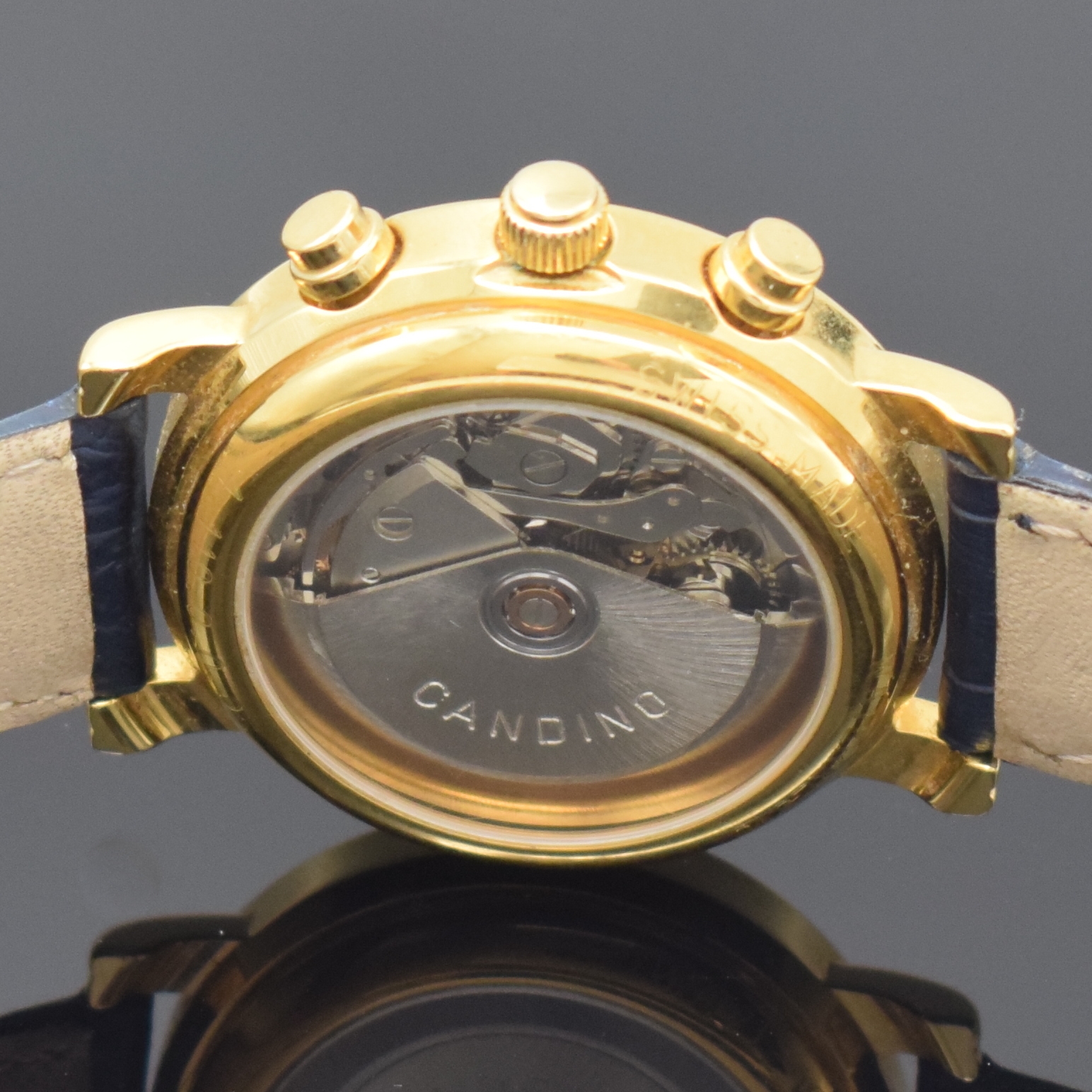 Detail f: CANDINO vergoldeter Armbandchronograph, Schweiz um 2005, Automatik, beids. vergl. Geh., Boden aufgedr., Lederband m. verg. orig. Dornschl., blaues ...
