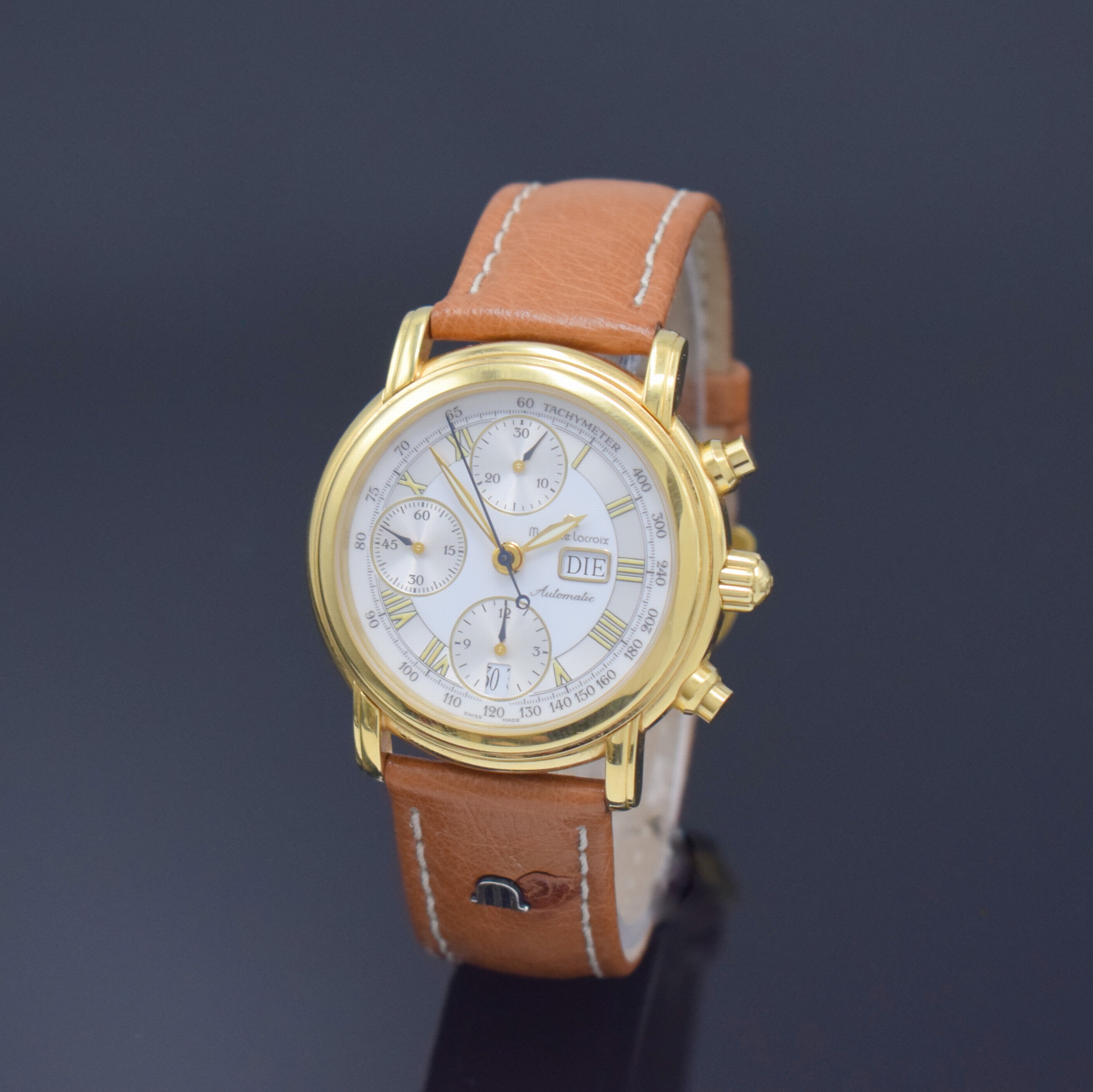 MAURICE LACROIX Croneo vergoldeter Armbandchronograph Referenz 39701, Schweiz um 2000, Automatik, Boden aufgedr., orig. Lederband m. verg. Dornschl., ...