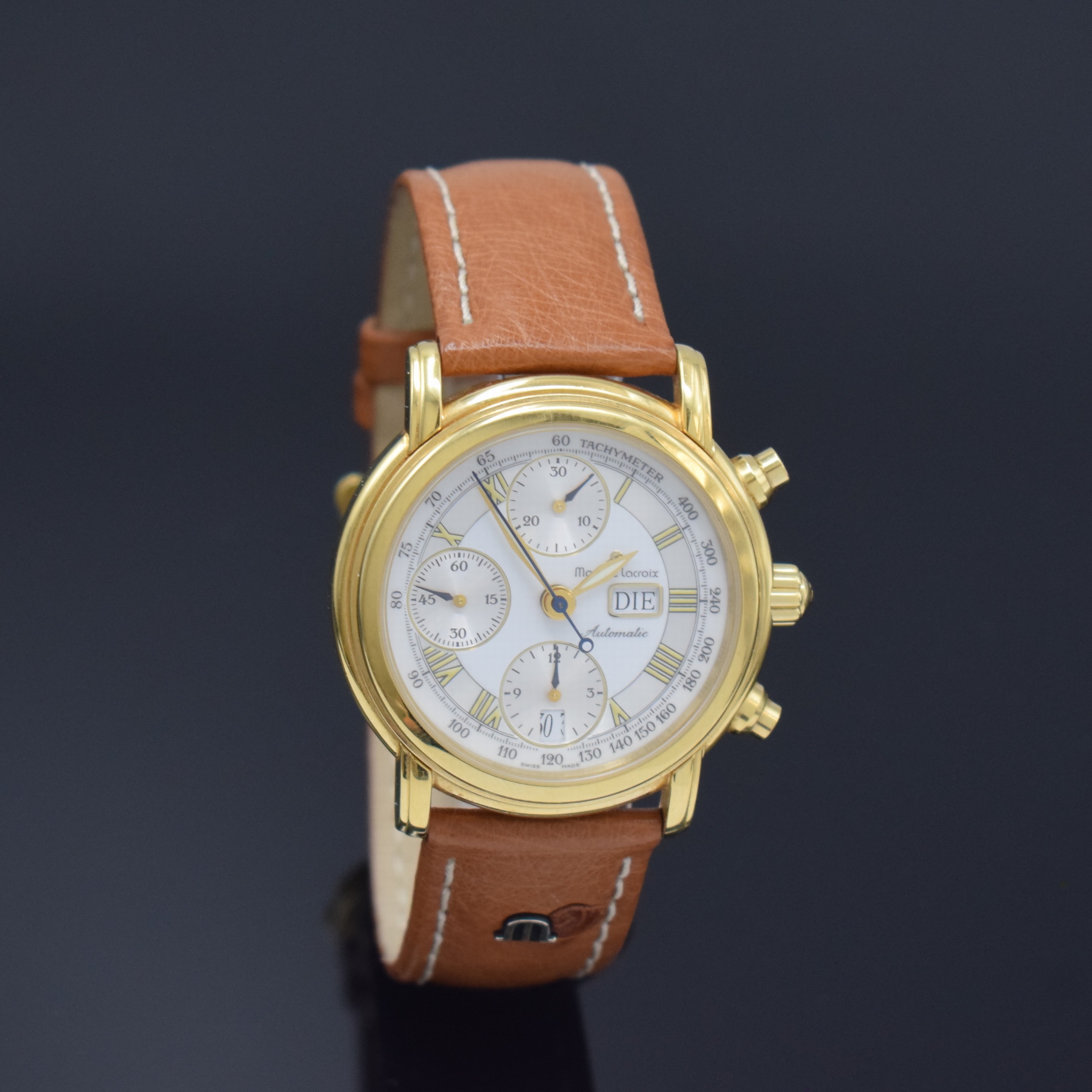 Detail a: MAURICE LACROIX Croneo vergoldeter Armbandchronograph Referenz 39701, Schweiz um 2000, Automatik, Boden aufgedr., orig. Lederband m. verg. Dornschl., ...