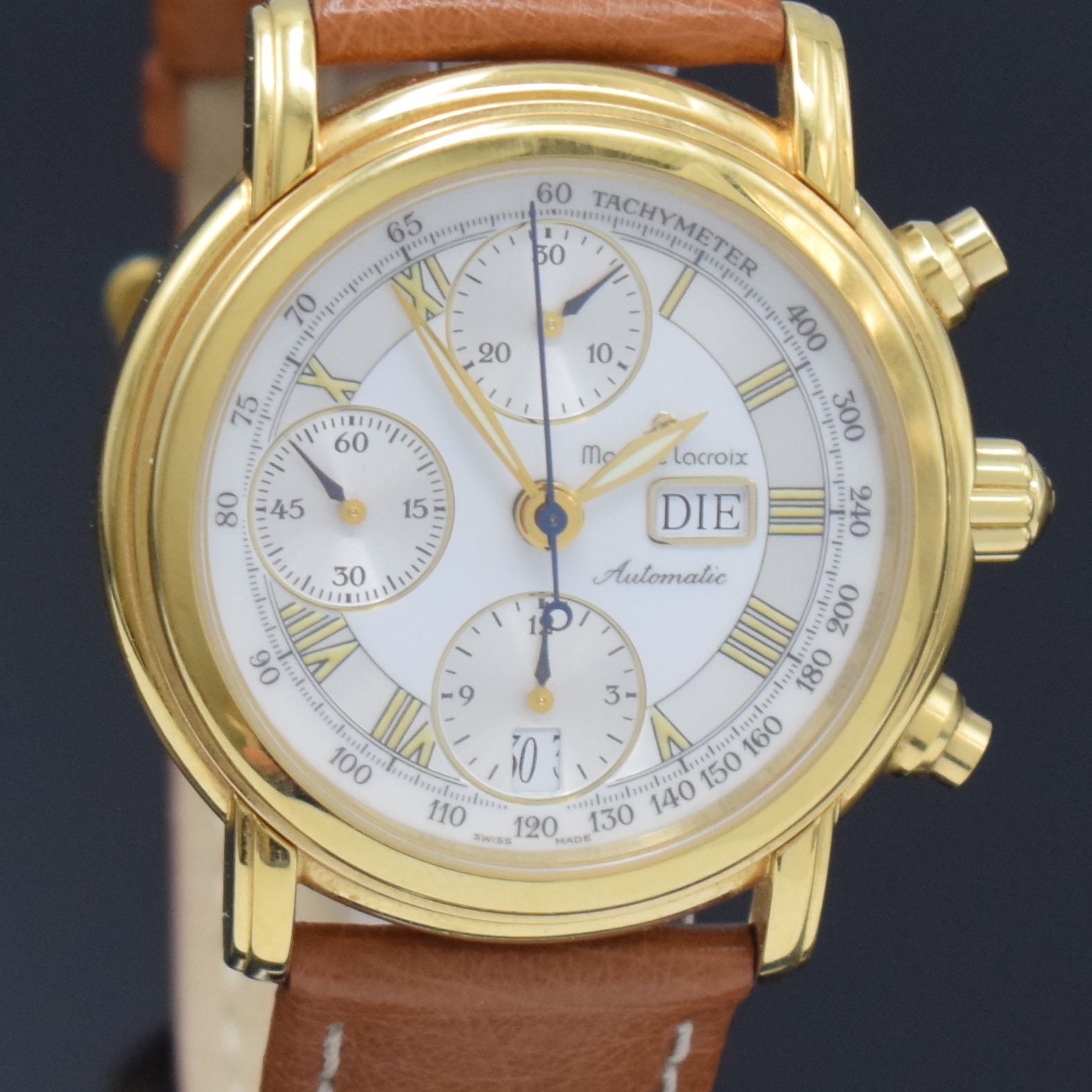 Detail b: MAURICE LACROIX Croneo vergoldeter Armbandchronograph Referenz 39701, Schweiz um 2000, Automatik, Boden aufgedr., orig. Lederband m. verg. Dornschl., ...