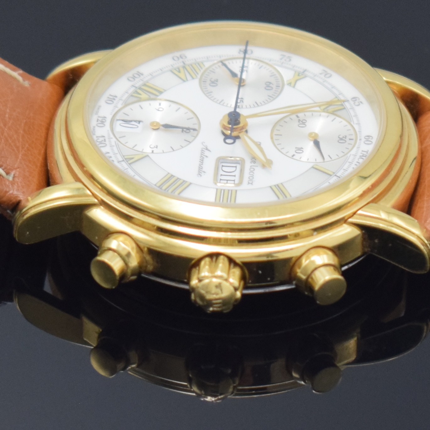 Detail c: MAURICE LACROIX Croneo vergoldeter Armbandchronograph Referenz 39701, Schweiz um 2000, Automatik, Boden aufgedr., orig. Lederband m. verg. Dornschl., ...