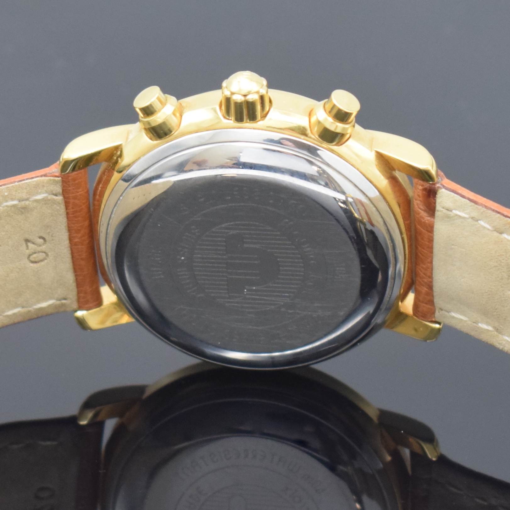 Detail d: MAURICE LACROIX Croneo vergoldeter Armbandchronograph Referenz 39701, Schweiz um 2000, Automatik, Boden aufgedr., orig. Lederband m. verg. Dornschl., ...