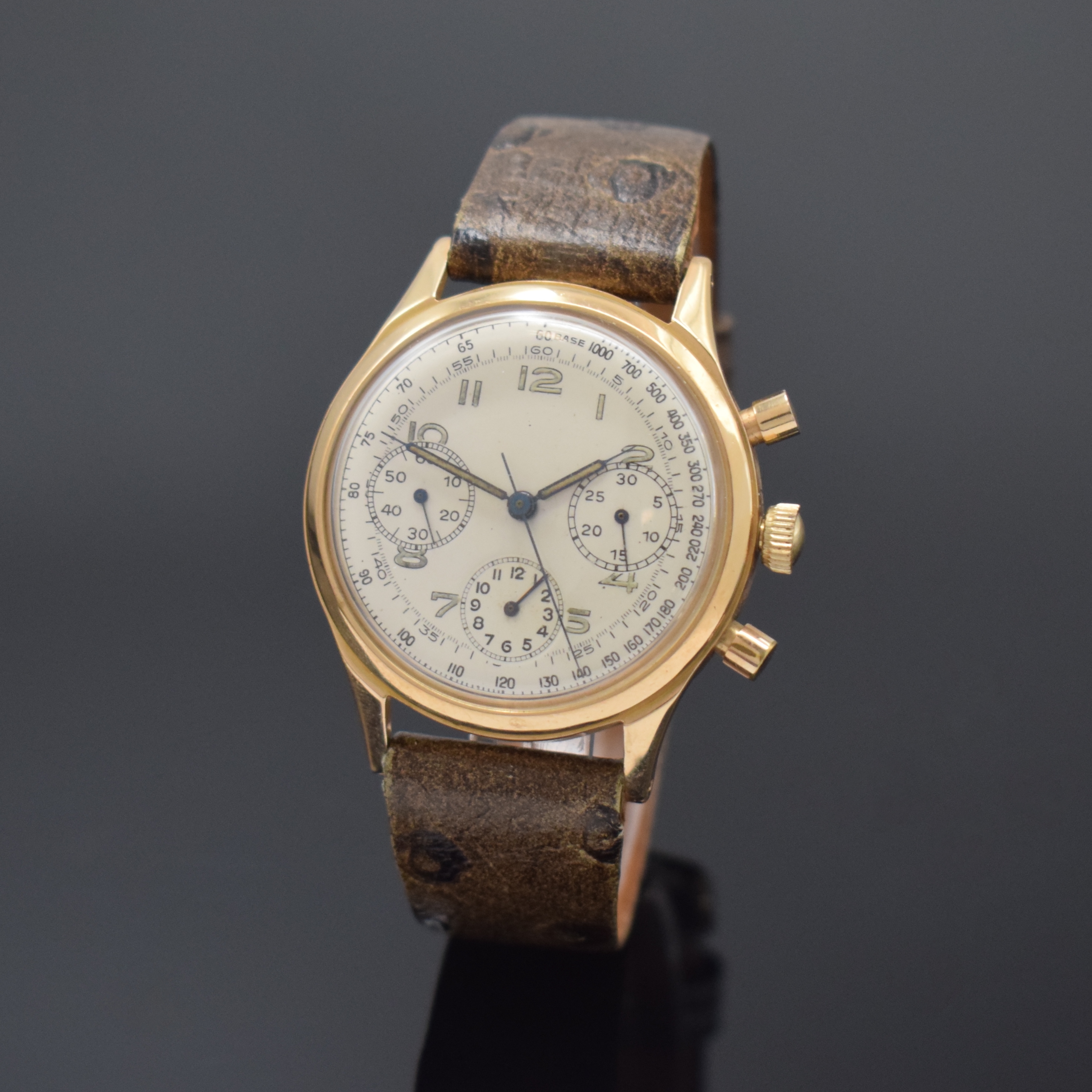 BREITLING Premier Herrenchronograph in RG 750/000 Referenz 788, Schweiz um 1960, Handaufzug, Boden geschr., silb. Zifferbl. rest., arab. ...