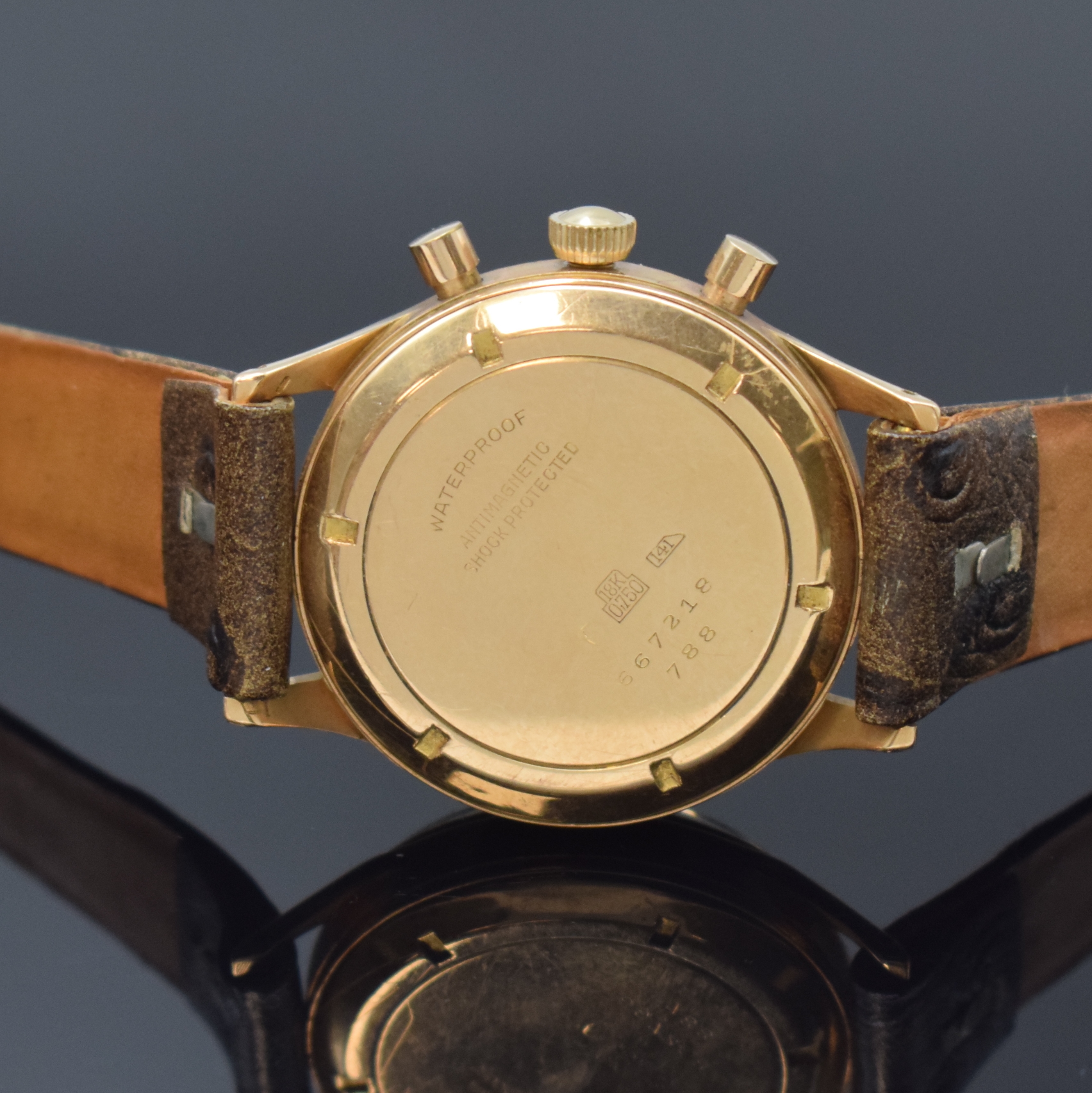 Detail c: BREITLING Premier Herrenchronograph in RG 750/000 Referenz 788, Schweiz um 1960, Handaufzug, Boden geschr., silb. Zifferbl. rest., arab. ...